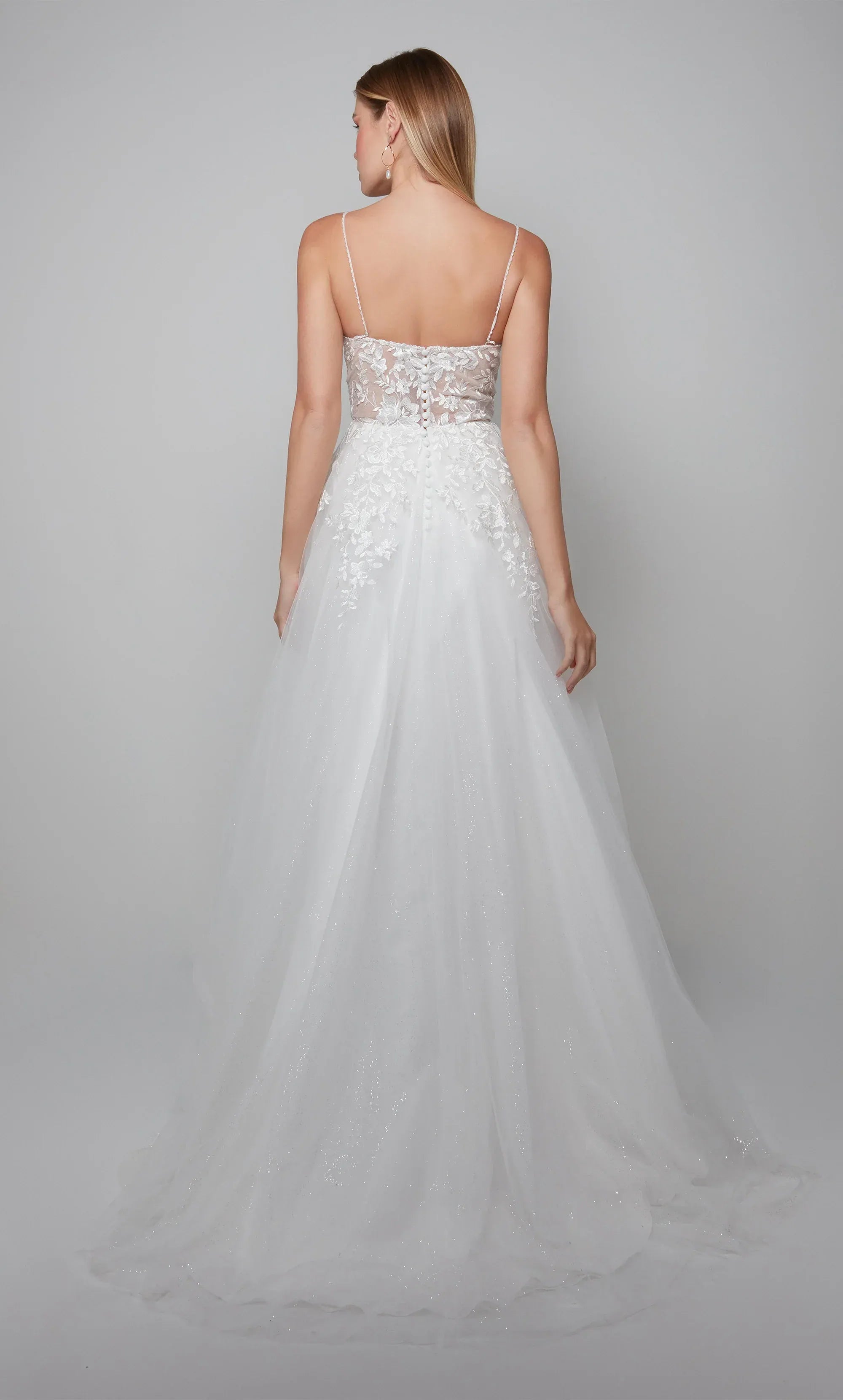 White Lace & Tulle A-Line Sweetheart-Neck Low-Back Wedding Dress with Glitter Skirt