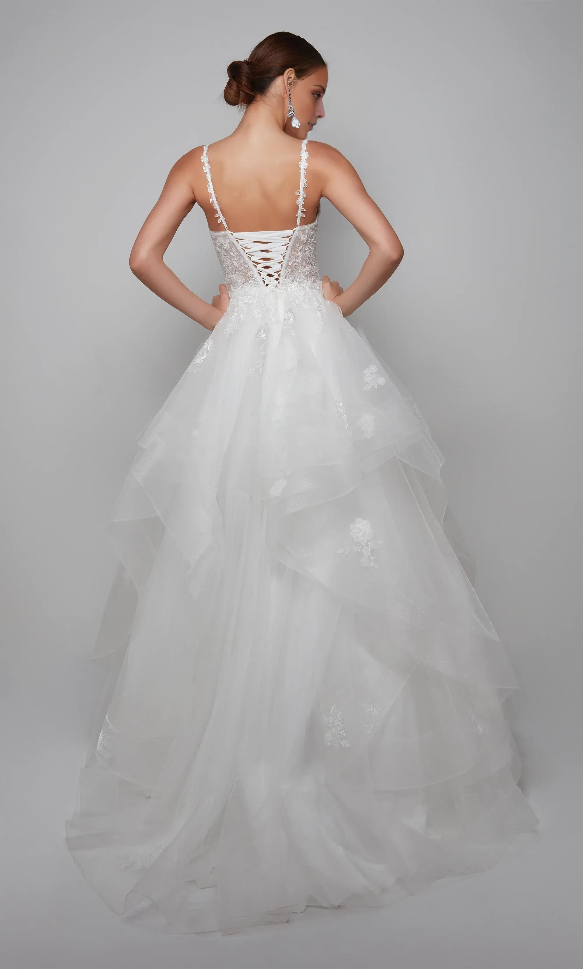 White Lace & Tulle A-Line V-Neck Corset-Back Wedding Dress with Ruffled Skirt