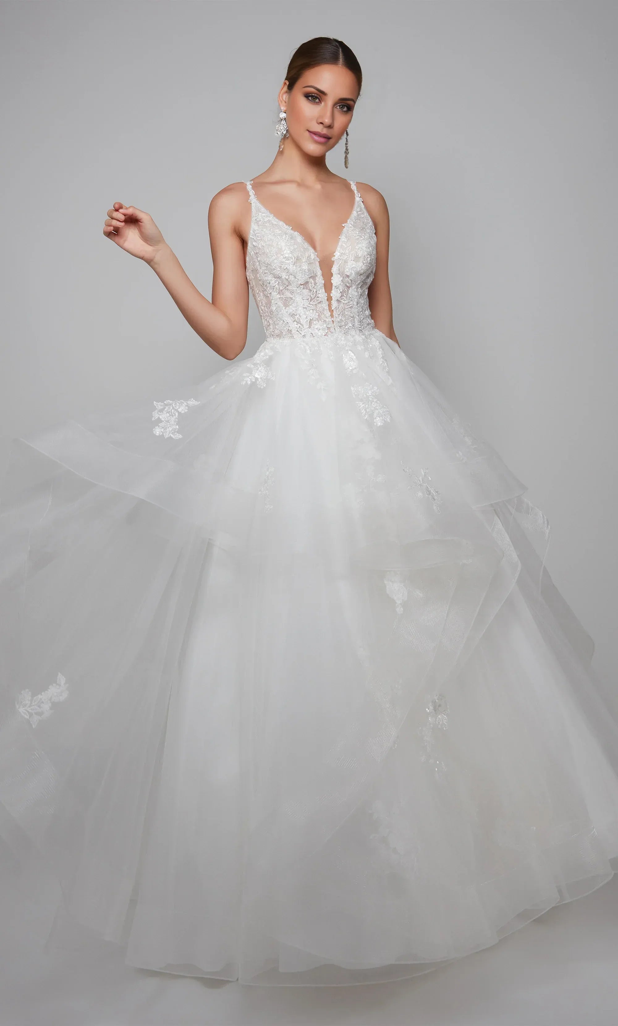 White Lace & Tulle A-Line V-Neck Corset-Back Wedding Dress with Ruffled Skirt