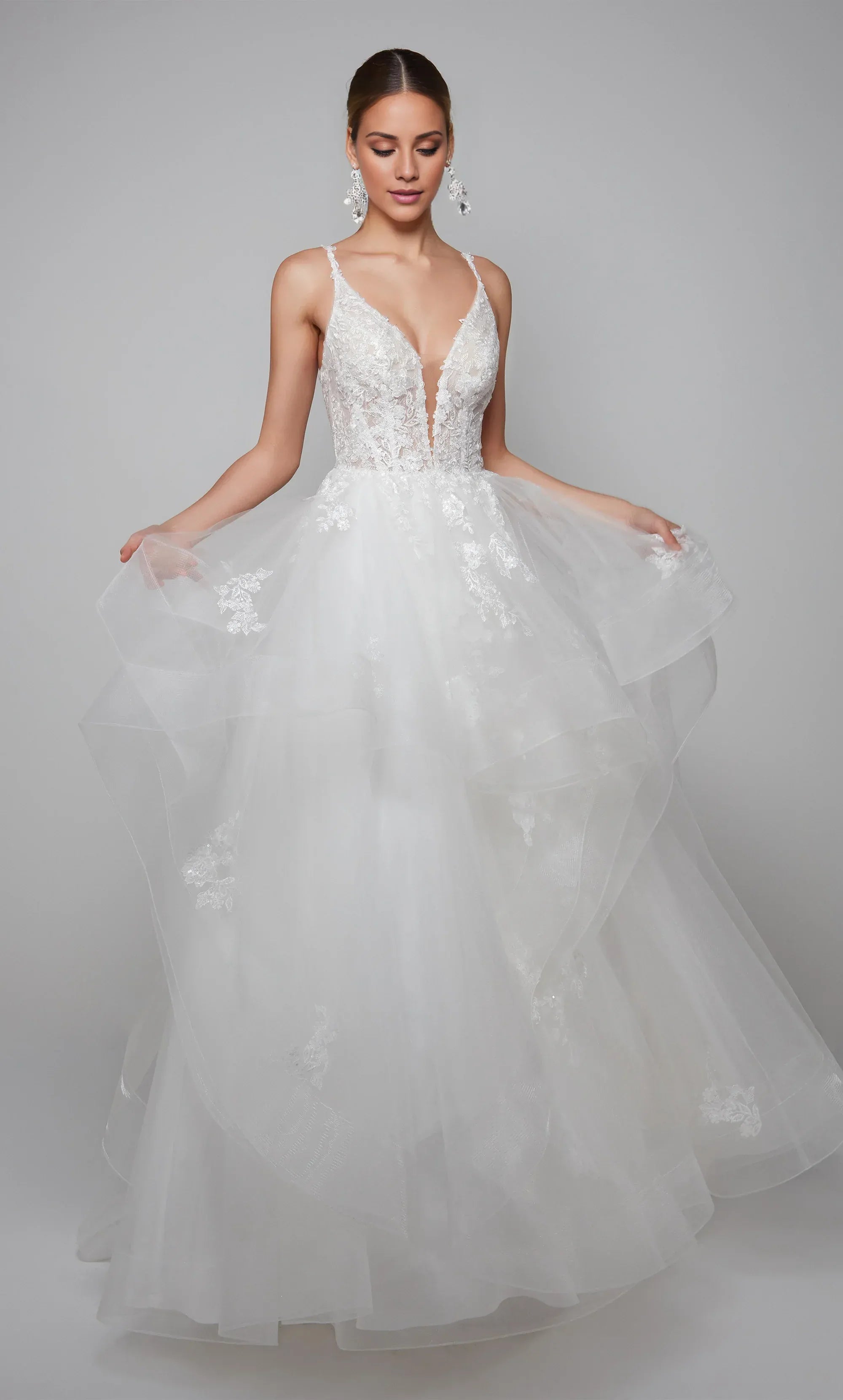 White Lace & Tulle A-Line V-Neck Corset-Back Wedding Dress with Ruffled Skirt