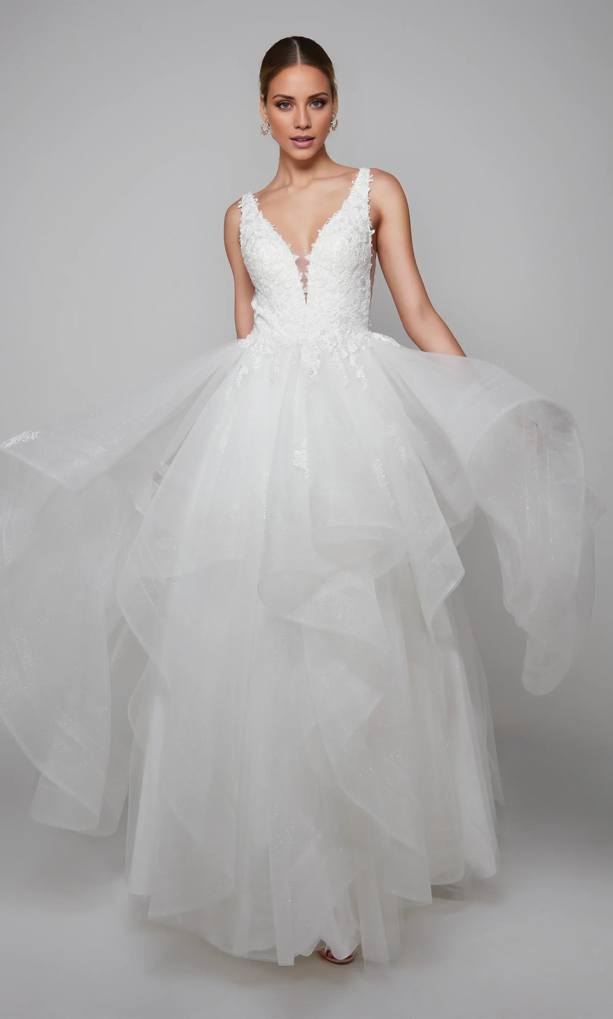 White Lace & Tulle A-Line V-Neck Low-Back Wedding Dress with Ruffled Skirt