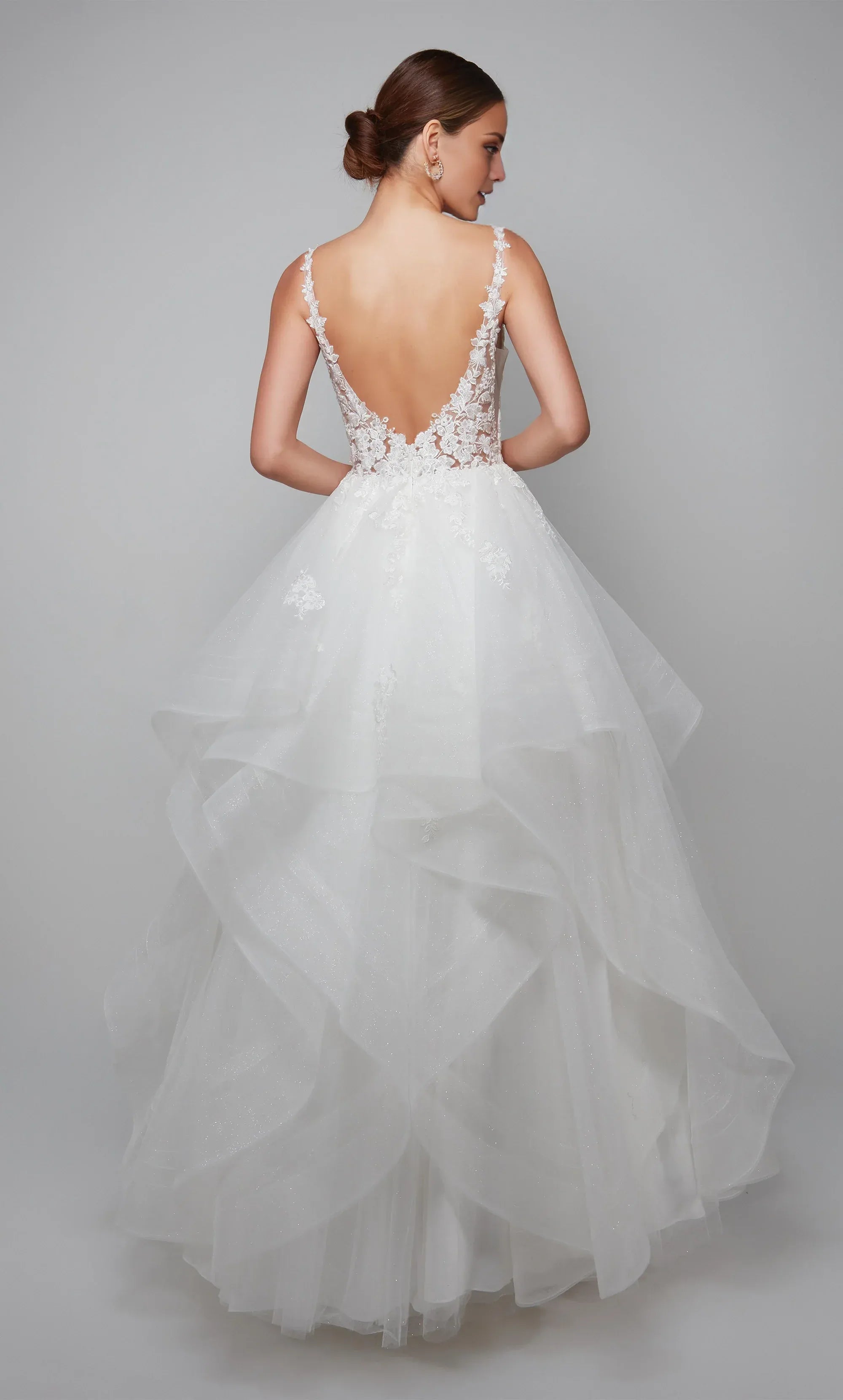 White Lace & Tulle A-Line V-Neck Low-Back Wedding Dress with Ruffled Skirt