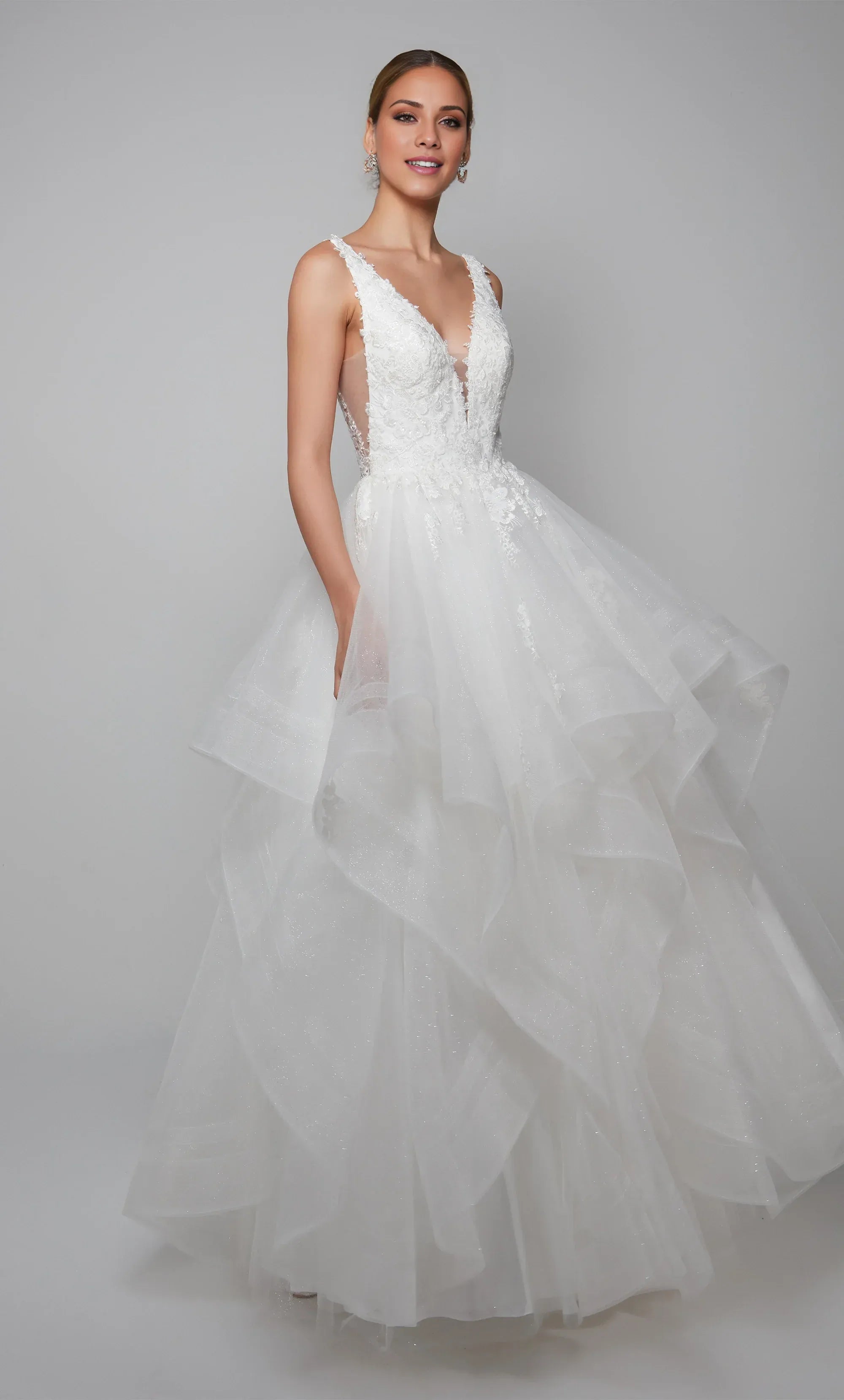 White Lace & Tulle A-Line V-Neck Low-Back Wedding Dress with Ruffled Skirt