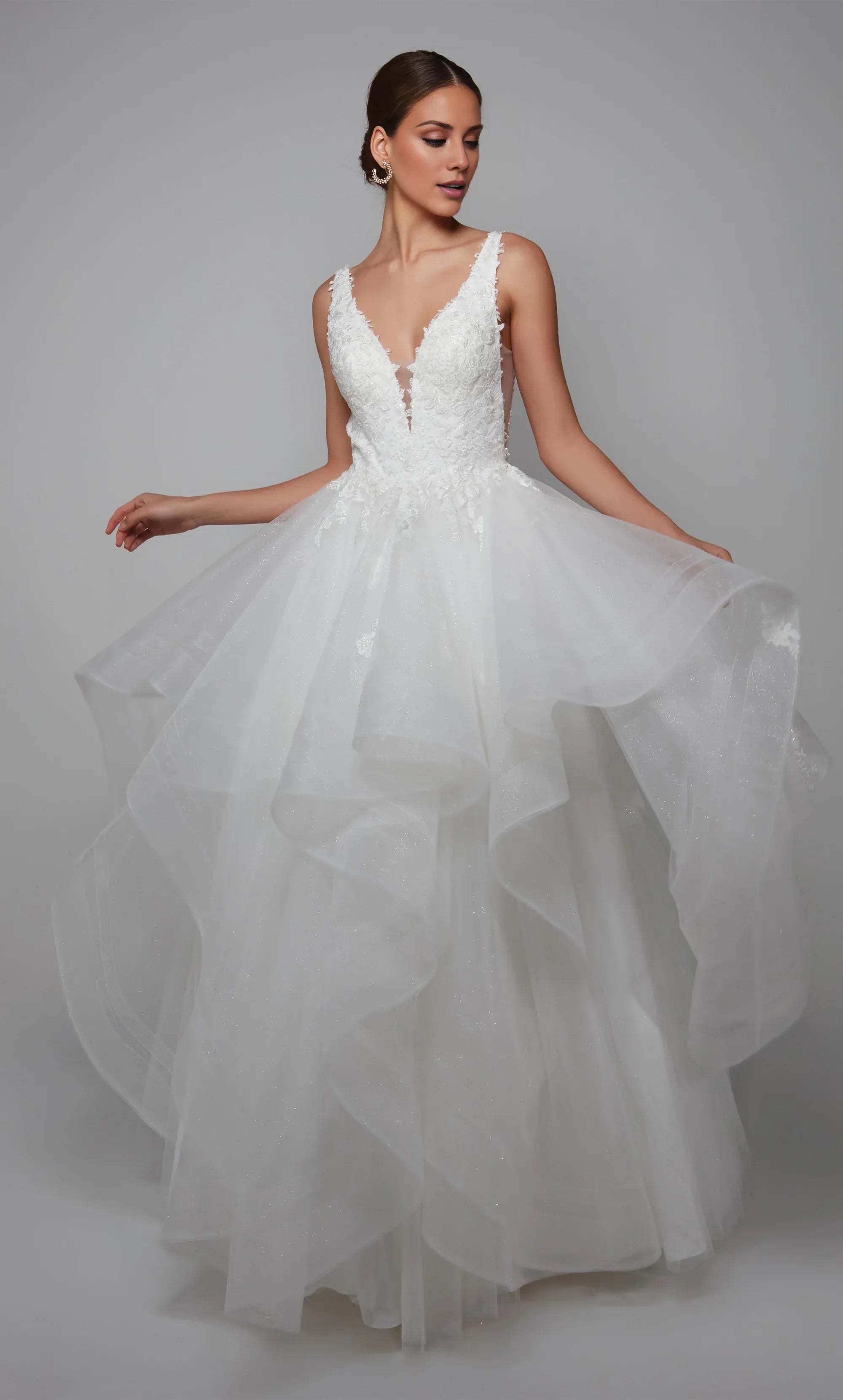 White Lace & Tulle A-Line V-Neck Low-Back Wedding Dress with Ruffled Skirt