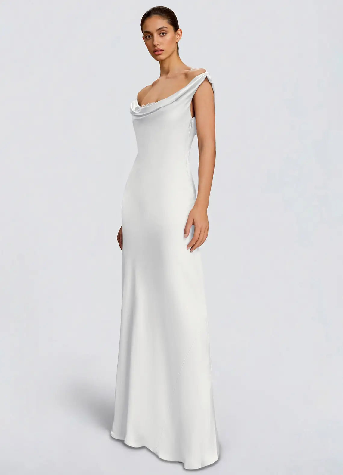 White Off Shoulder Cowl Tie Back Satin Mermaid Maxi Wedding Guest Dress