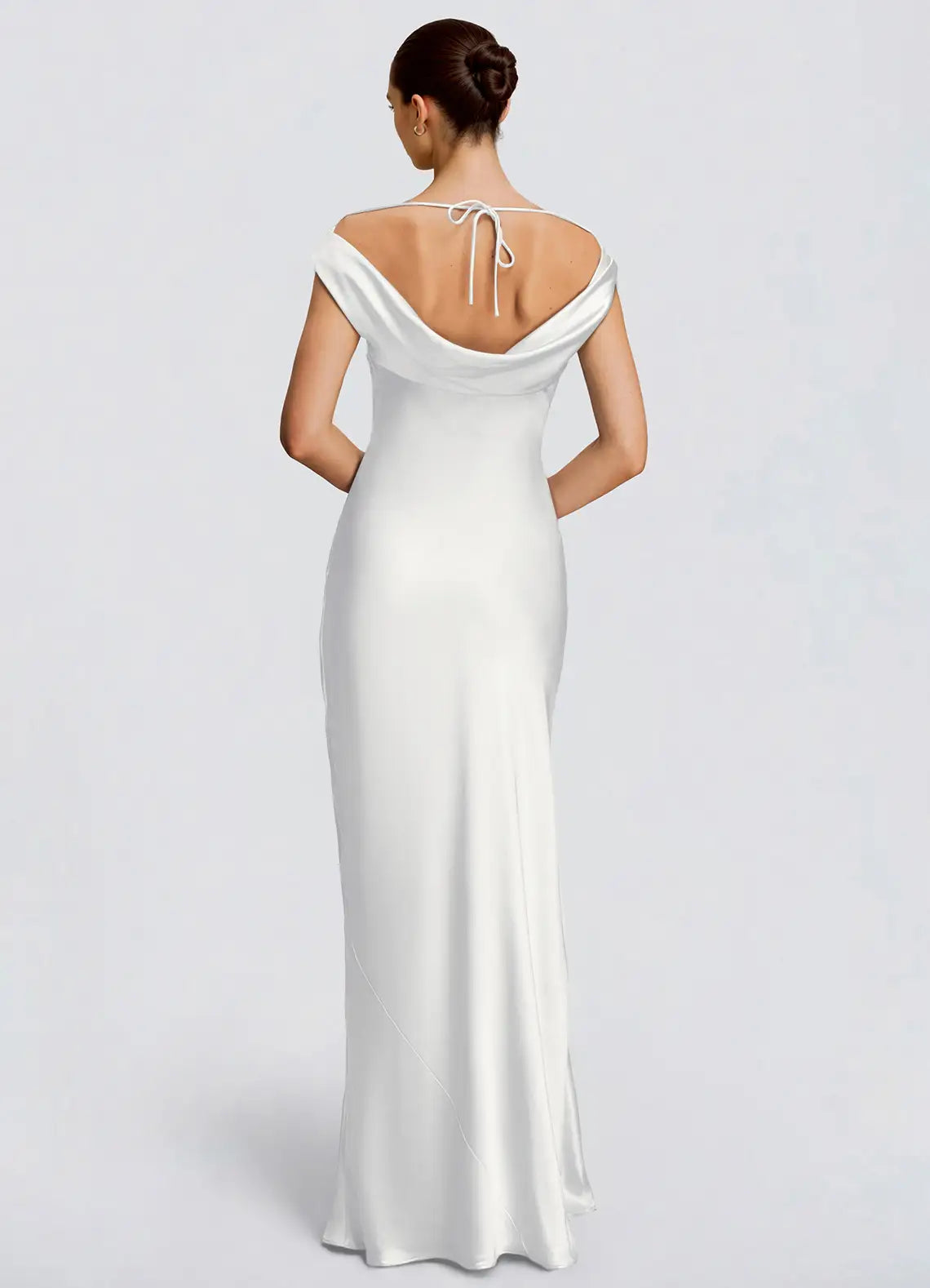 White Off Shoulder Cowl Tie Back Satin Mermaid Maxi Wedding Guest Dress