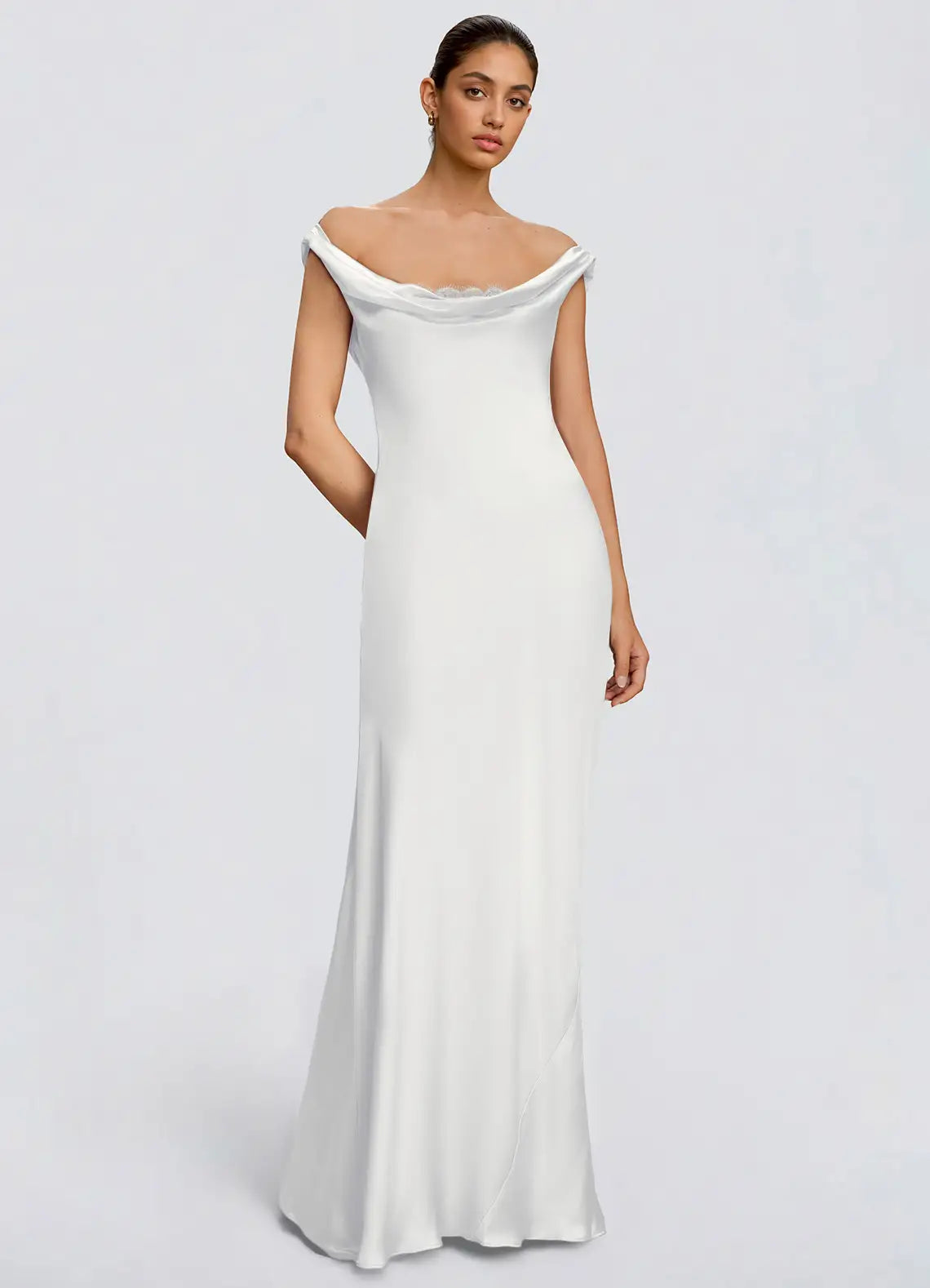 White Off Shoulder Cowl Tie Back Satin Mermaid Maxi Wedding Guest Dress