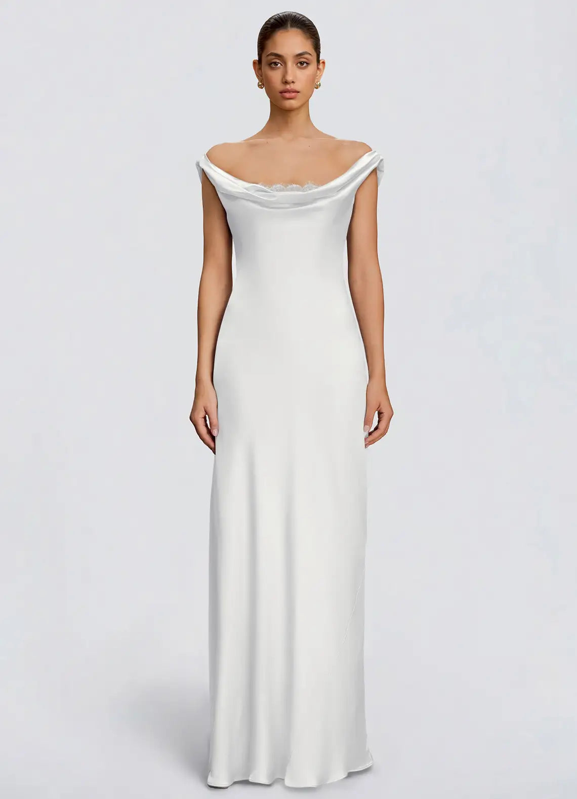 White Off Shoulder Cowl Tie Back Satin Mermaid Maxi Wedding Guest Dress