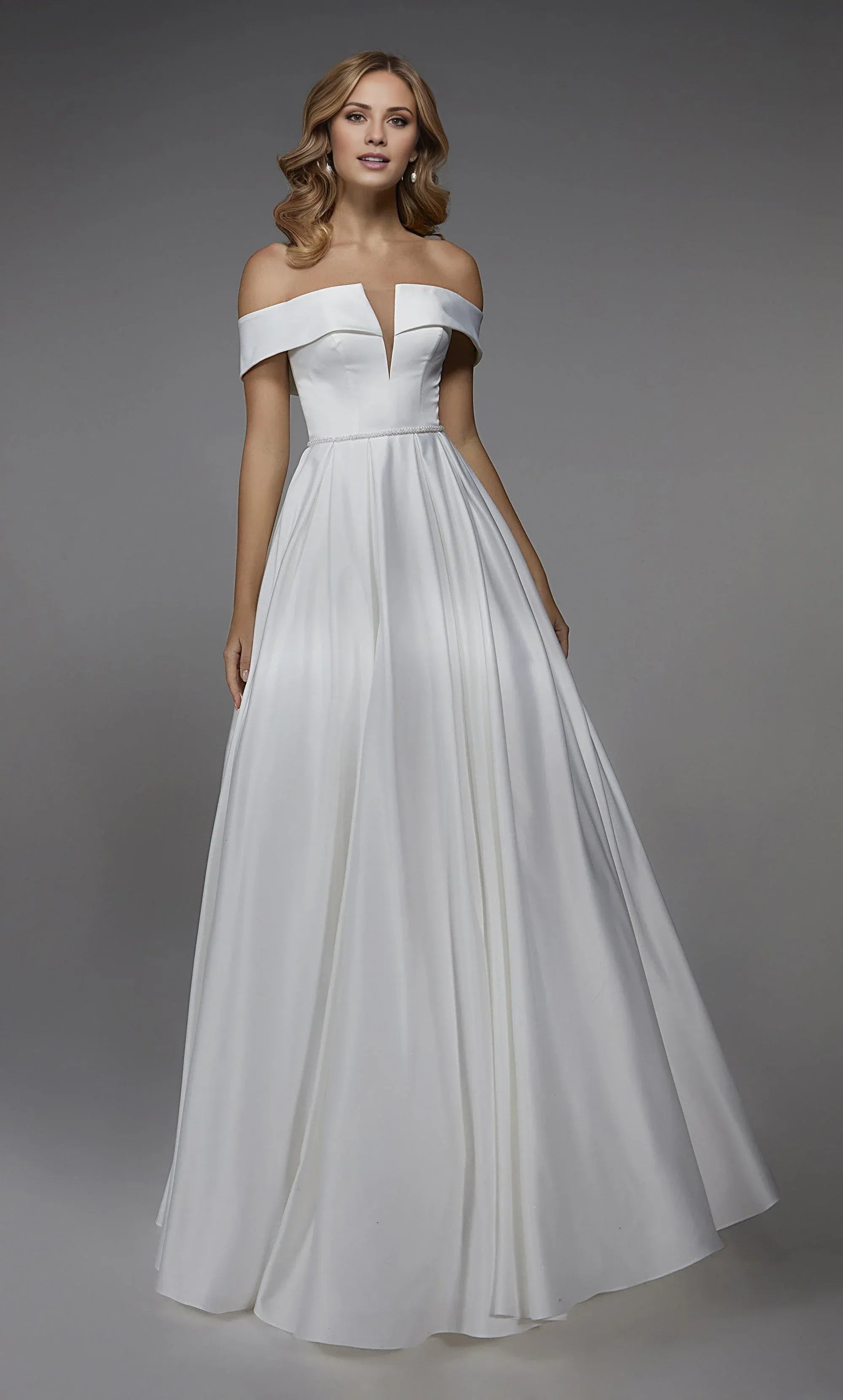 White Satin A-Line Off-The-Shoulder V-Neck Low-Back Wedding Dress
