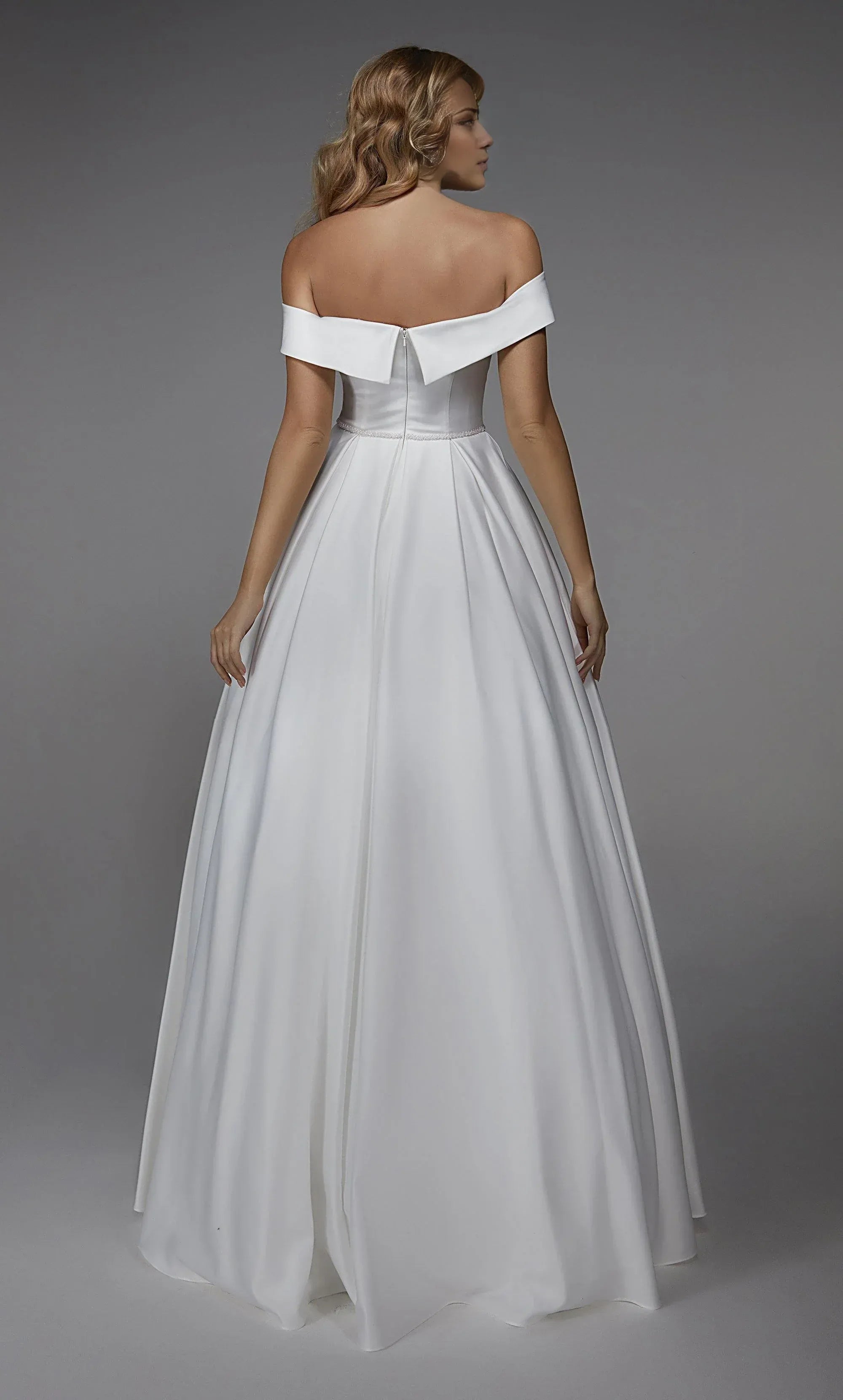 White Satin A-Line Off-The-Shoulder V-Neck Low-Back Wedding Dress