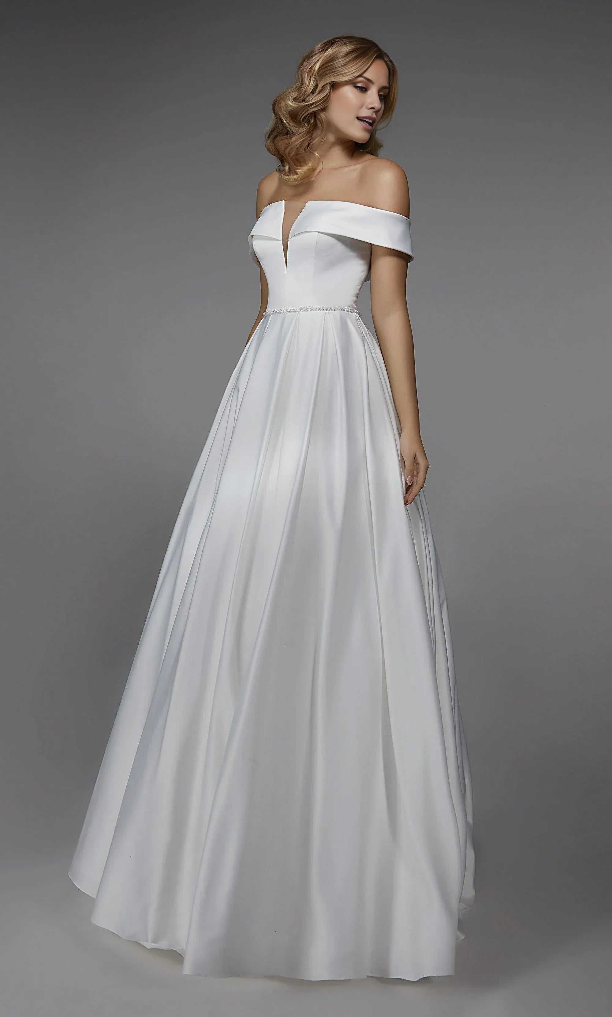 White Satin A-Line Off-The-Shoulder V-Neck Low-Back Wedding Dress