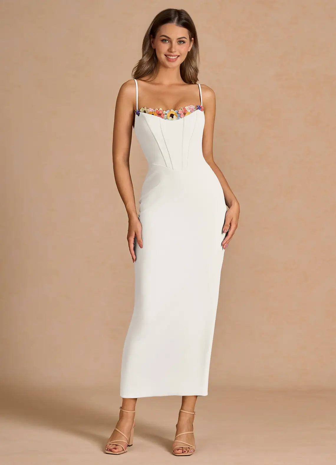White Spaghetti Strap Corset Colorful Floral Slit Midi Wedding Guest Dress