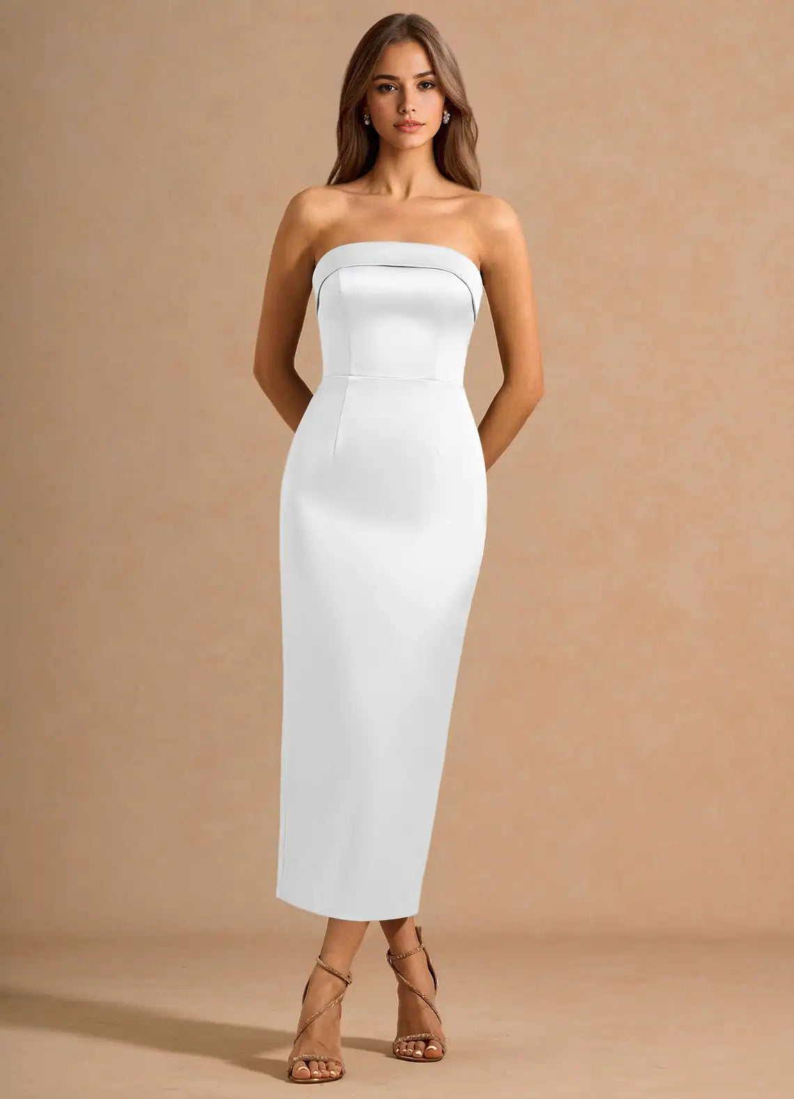 White Strapless Fold Neck Back Bow Midi Slit Satin Wedding Guest Dress