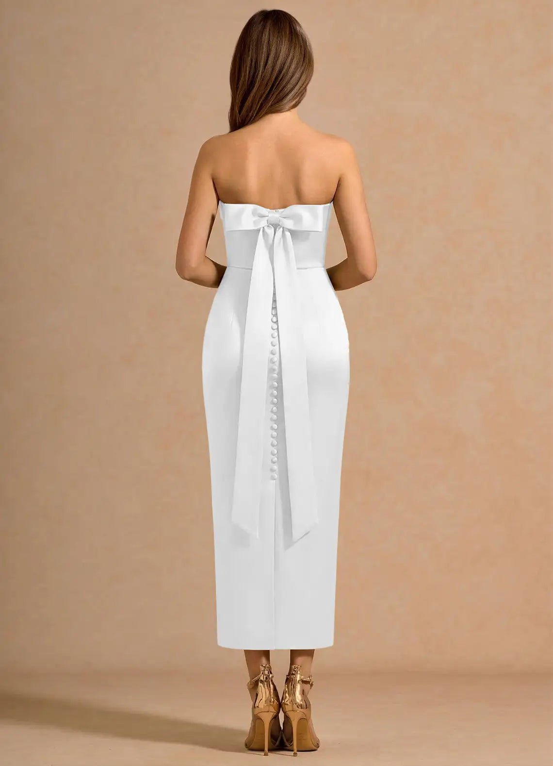 White Strapless Fold Neck Back Bow Midi Slit Satin Wedding Guest Dress