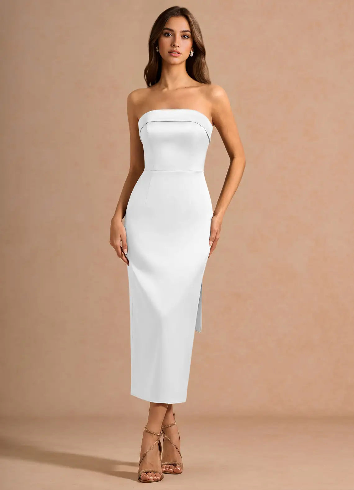 White Strapless Fold Neck Back Bow Midi Slit Satin Wedding Guest Dress