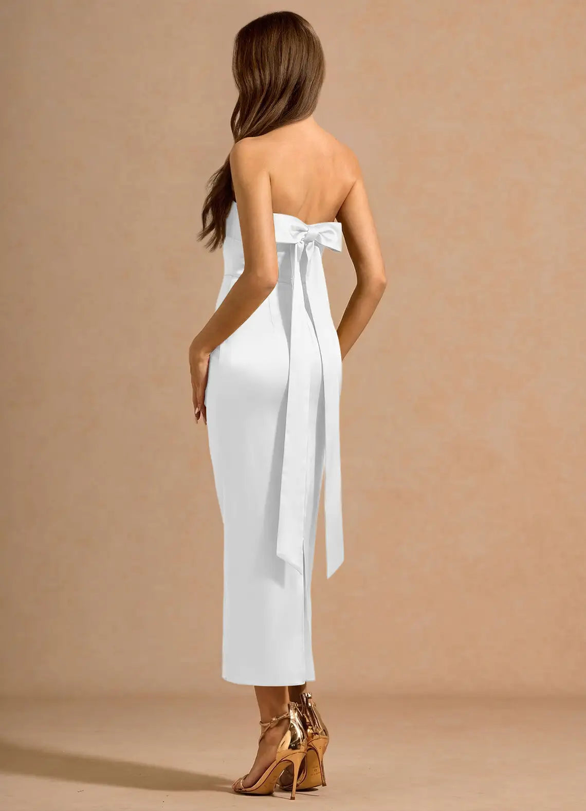 White Strapless Fold Neck Back Bow Midi Slit Satin Wedding Guest Dress