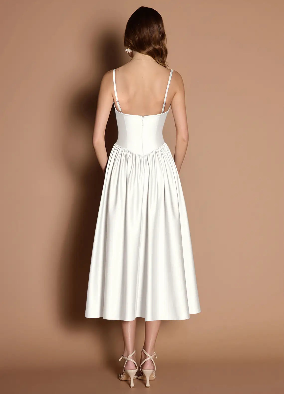 White Thin Spaghetti Strap Sweetheart Corset Gathered Midi Satin Wedding Guest Dress