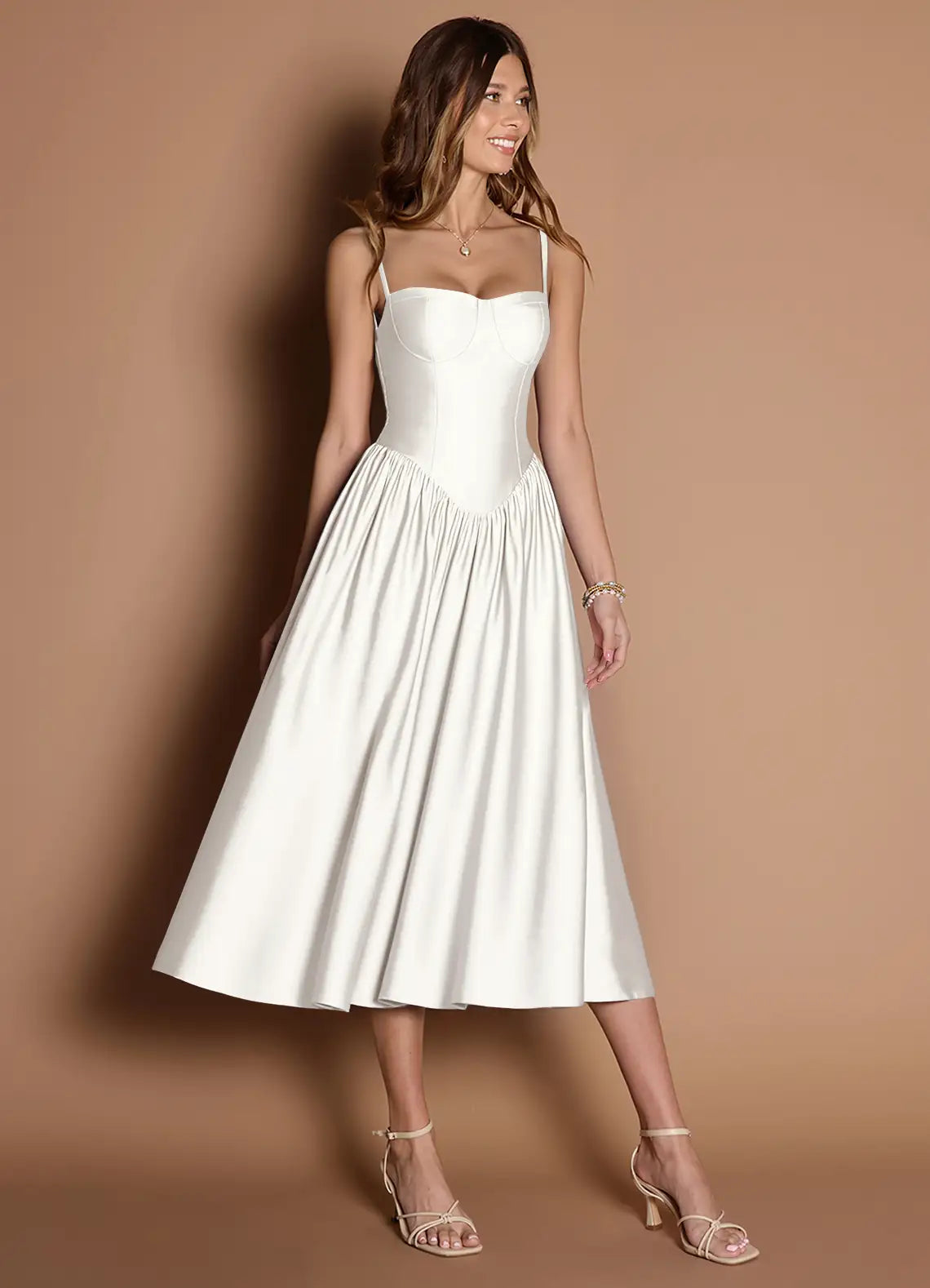 White Thin Spaghetti Strap Sweetheart Corset Gathered Midi Satin Wedding Guest Dress