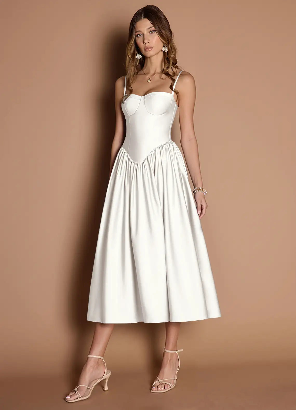 White Thin Spaghetti Strap Sweetheart Corset Gathered Midi Satin Wedding Guest Dress