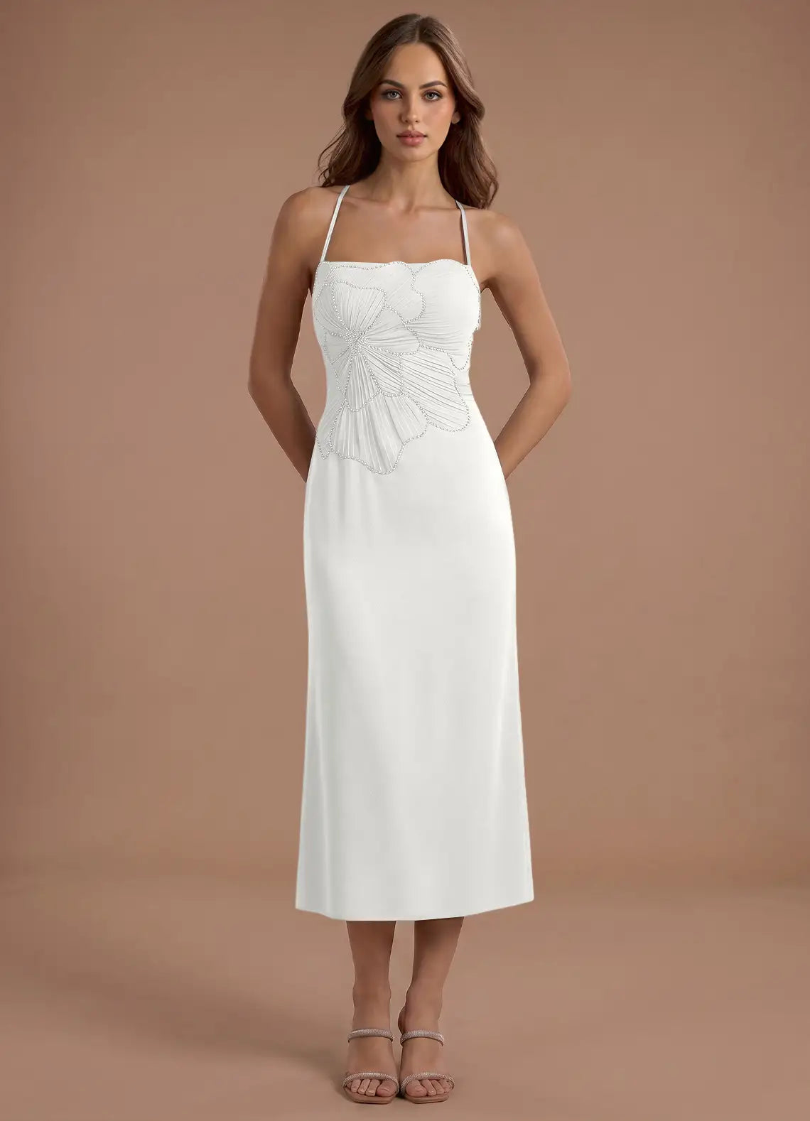 White Thin Strap 3D Floral Beaded Cross Back Midi Wedding Guest Dress