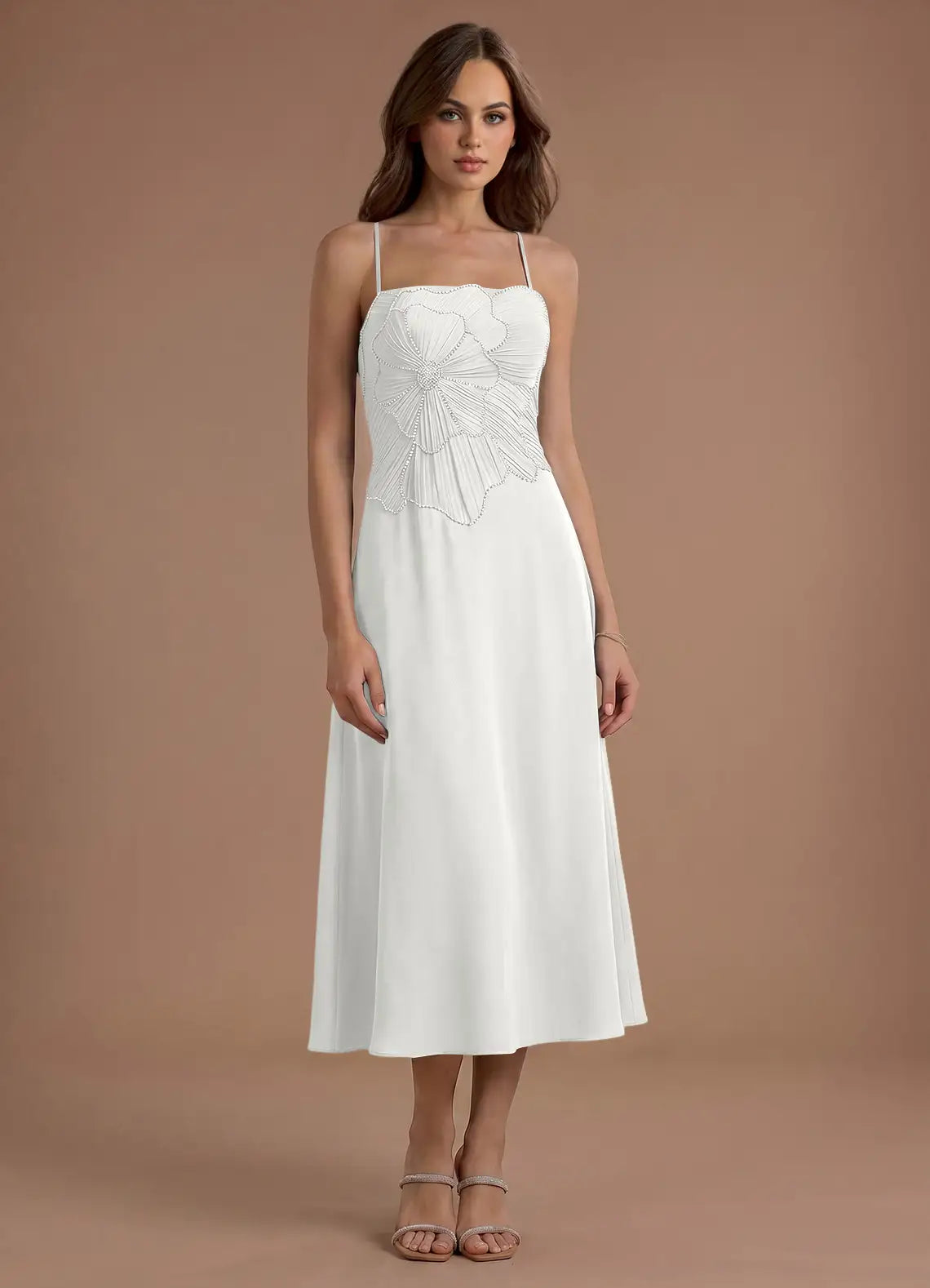 White Thin Strap 3D Floral Beaded Cross Back Midi Wedding Guest Dress