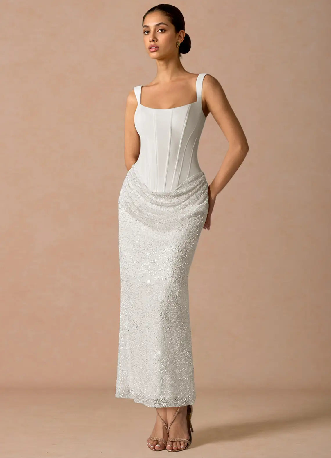 White Wide Strap Square Corset Beaded Draped Midi Wedding Guest Dress
