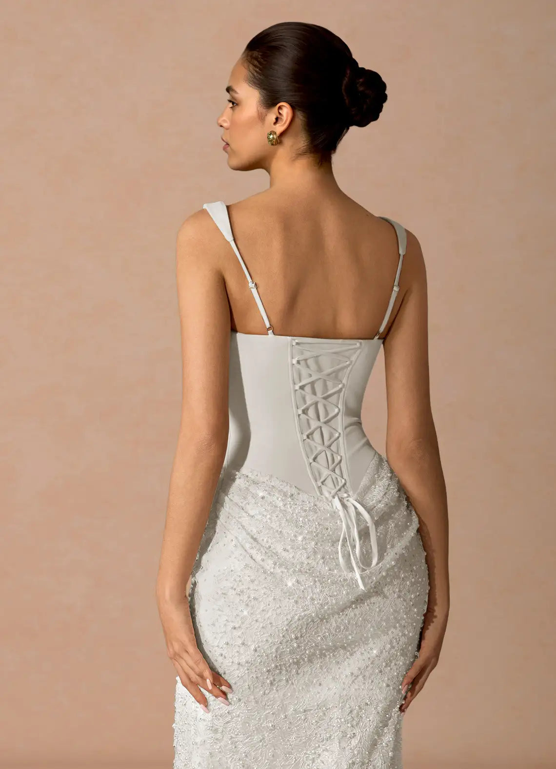 White Wide Strap Square Corset Beaded Draped Midi Wedding Guest Dress