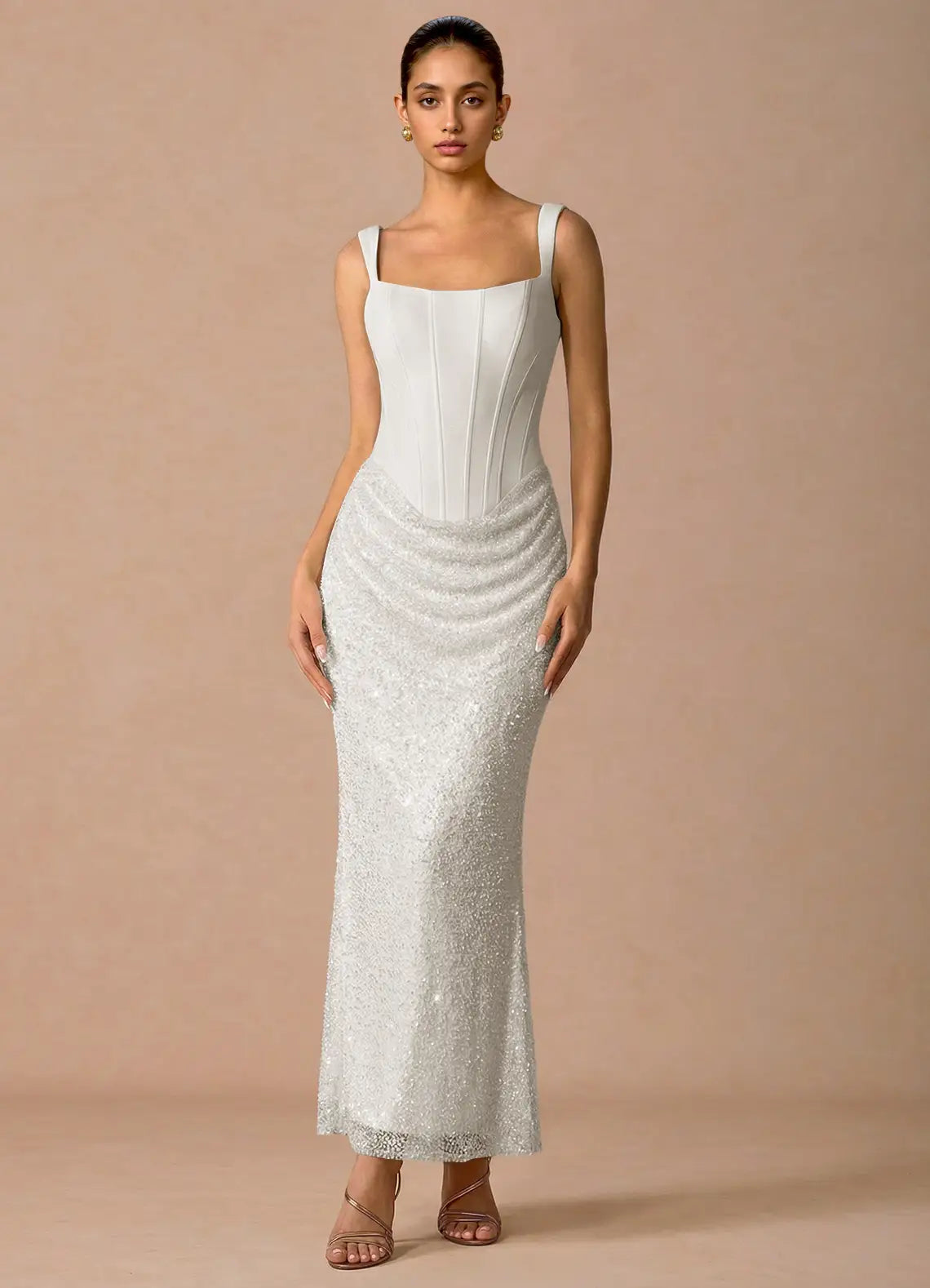 White Wide Strap Square Corset Beaded Draped Midi Wedding Guest Dress
