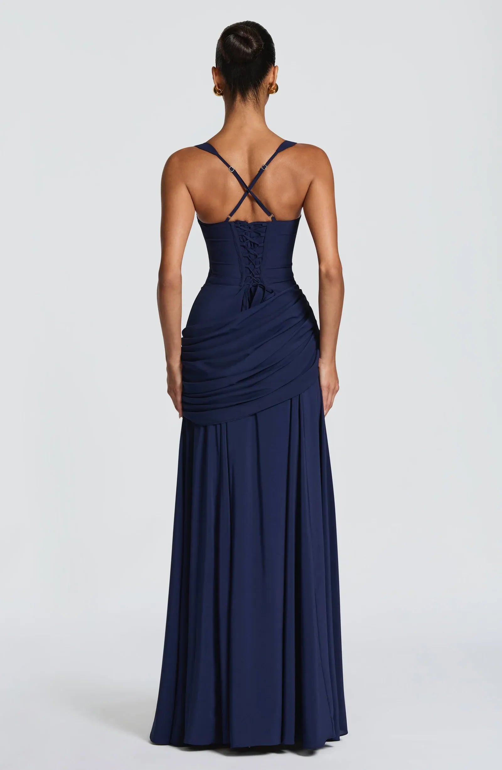 Wide Spaghetti Strap Square Neck Cross Lace Up Back Draped Waist Flowy Chiffon A Line Navy Maxi Bridesmaid Dresses