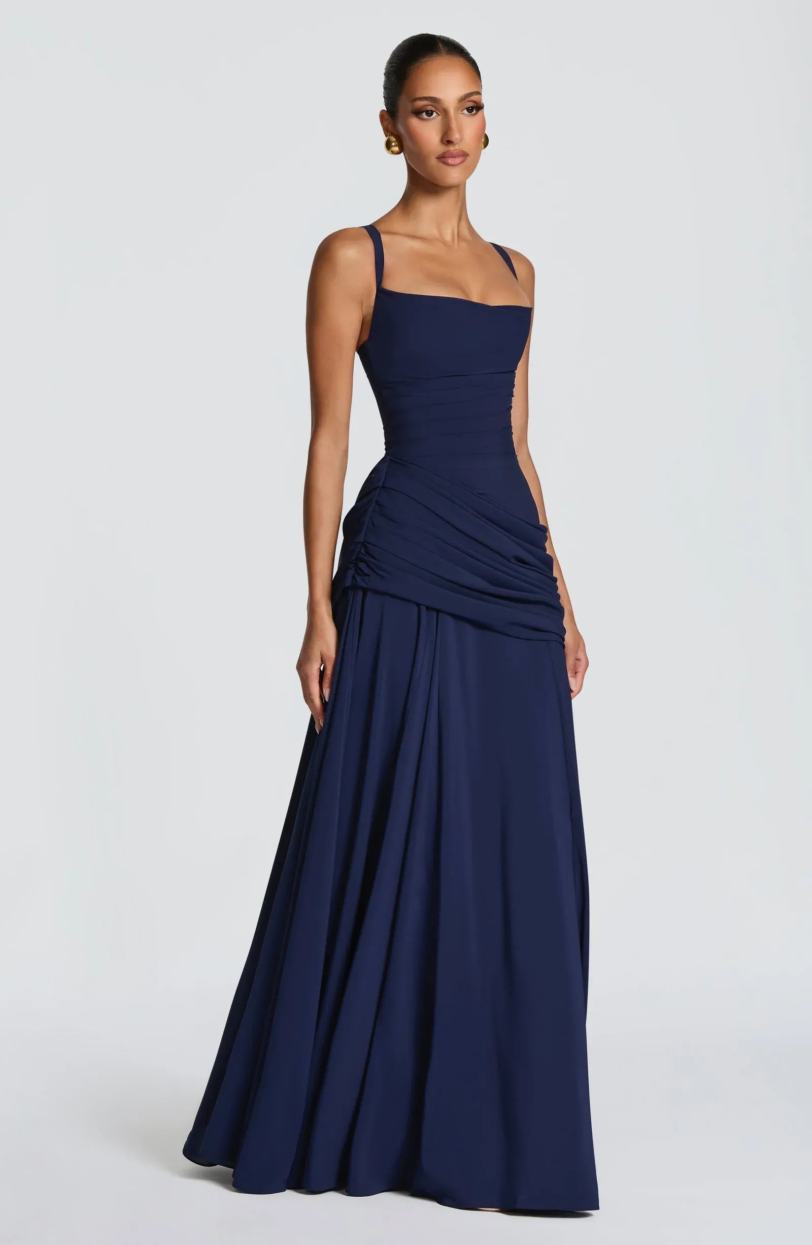Wide Spaghetti Strap Square Neck Cross Lace Up Back Draped Waist Flowy Chiffon A Line Navy Maxi Bridesmaid Dresses