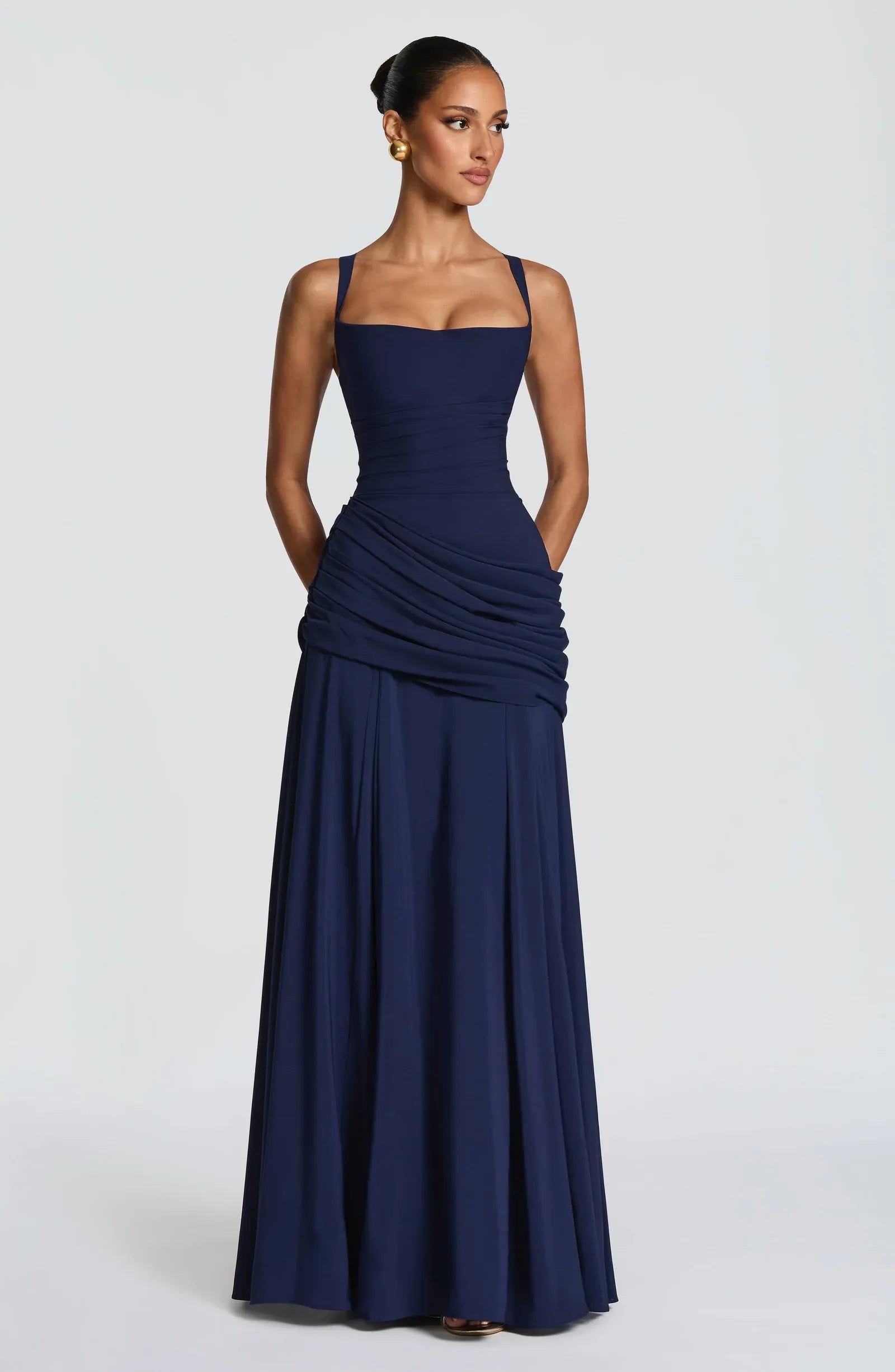 Wide Spaghetti Strap Square Neck Cross Lace Up Back Draped Waist Flowy Chiffon A Line Navy Maxi Bridesmaid Dresses