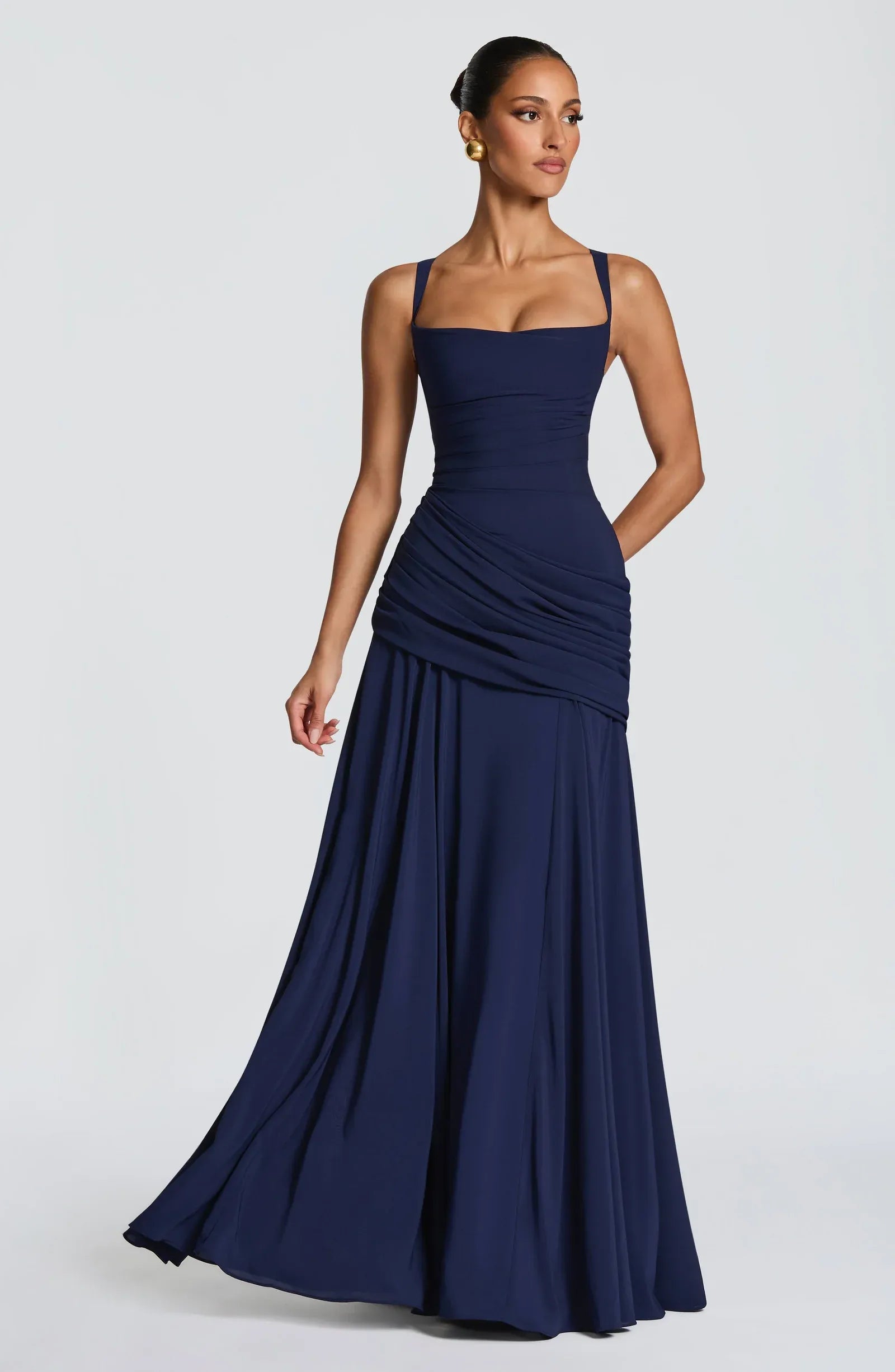 Wide Spaghetti Strap Square Neck Cross Lace Up Back Draped Waist Flowy Chiffon A Line Navy Maxi Bridesmaid Dresses