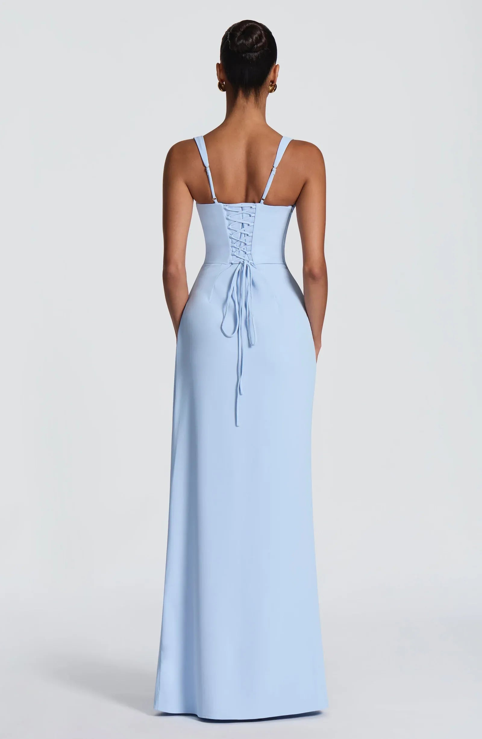 Wide Adjustable Spaghetti Strap Square Neck Side Ruched High Slit Sky Blue Mermaid Maxi Wedding Guest Dresses