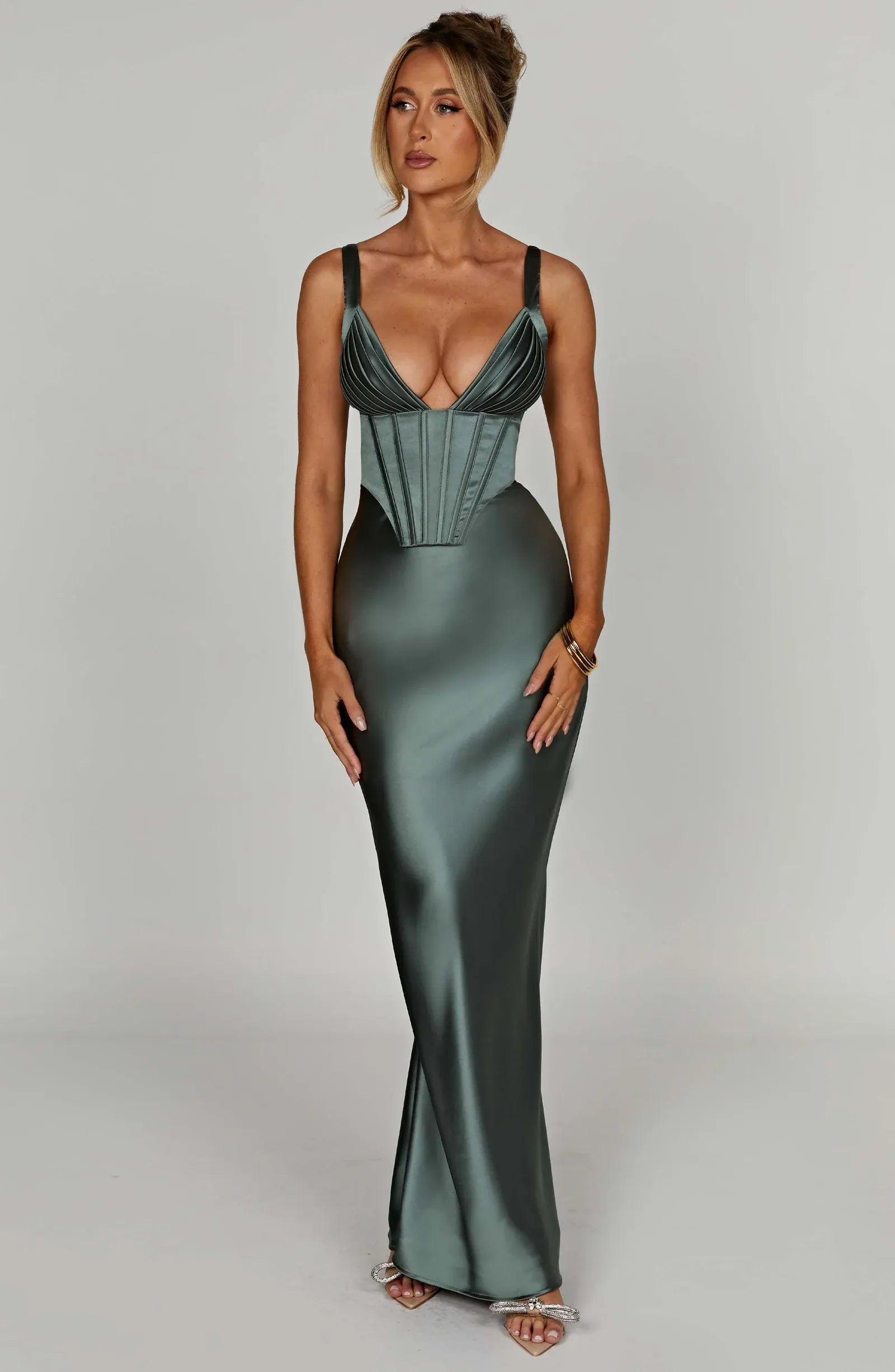 Wide Adjustable Strap Pleated V Neck Corset Bust Sage Satin Mermaid Maxi Wedding Guest Dresses