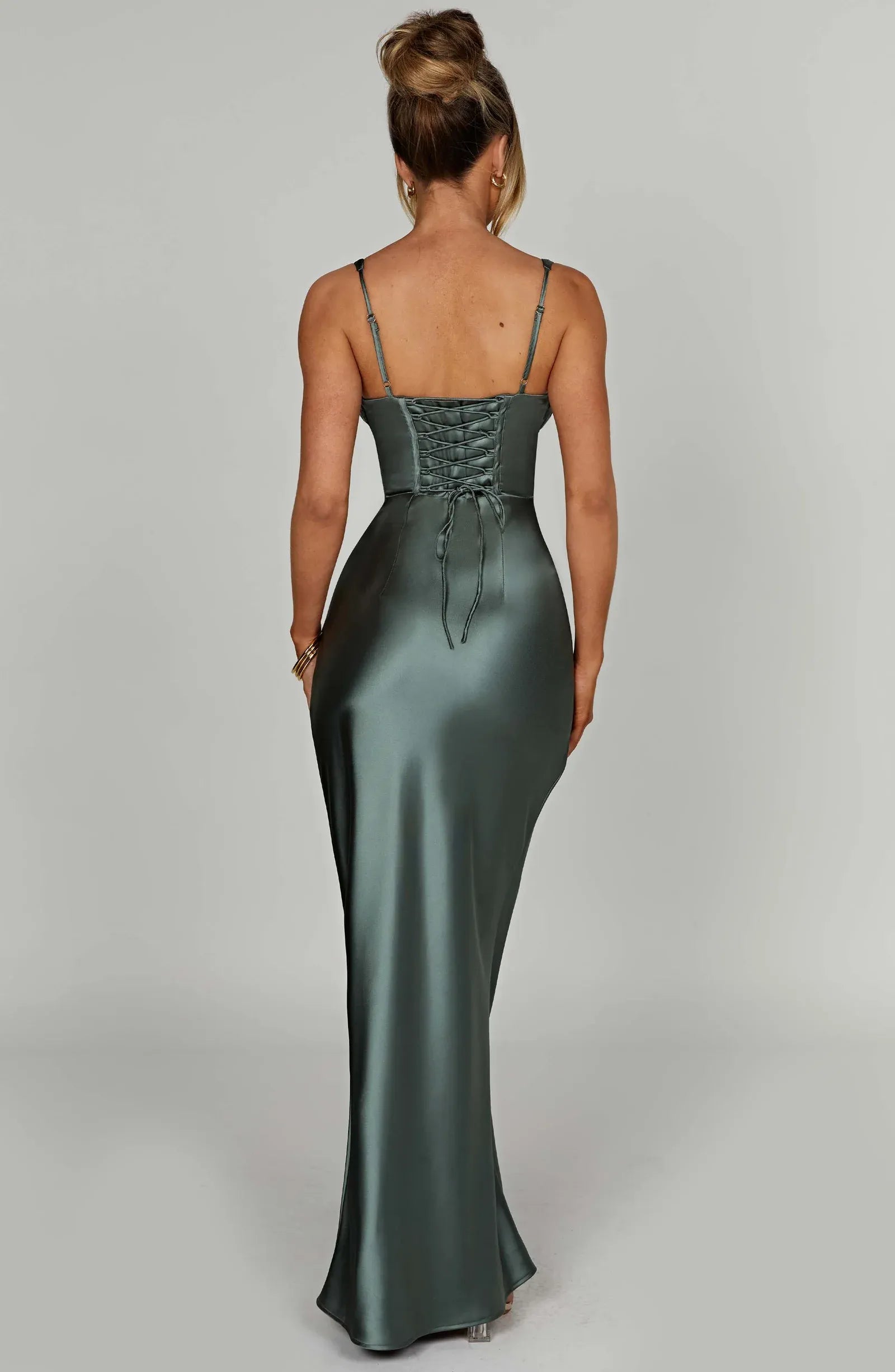 Wide Adjustable Strap Pleated V Neck Corset Bust Sage Satin Mermaid Maxi Wedding Guest Dresses