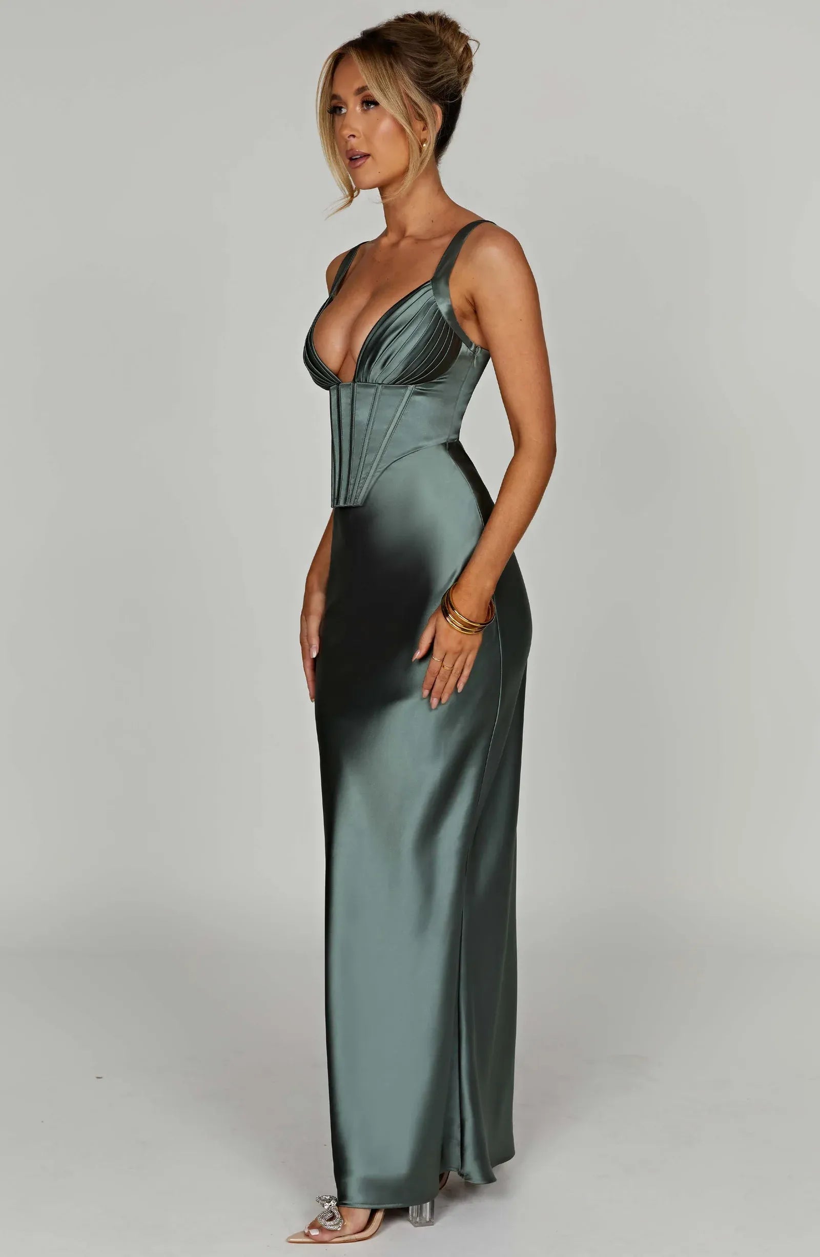 Wide Adjustable Strap Pleated V Neck Corset Bust Sage Satin Mermaid Maxi Wedding Guest Dresses