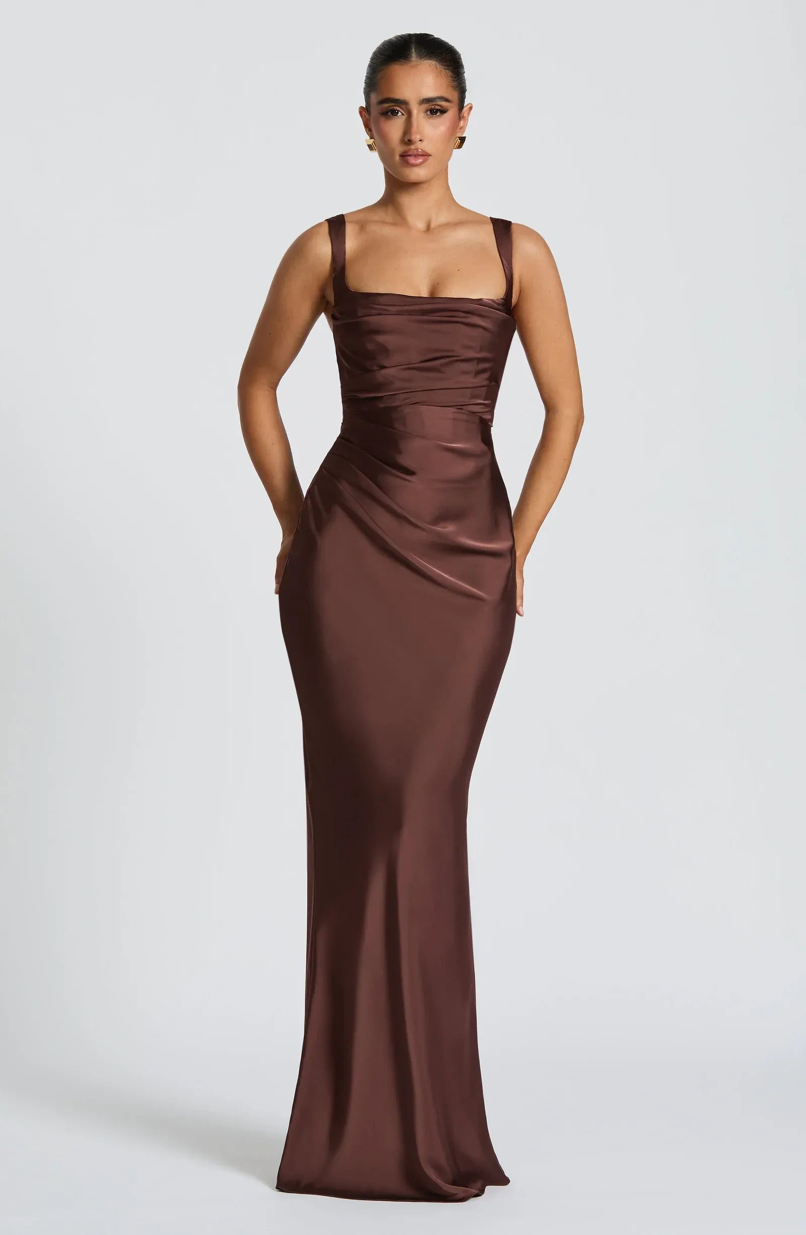 Wide Adjustable Strap Square Cowl Neck Side Ruched Chocolate Satin Mermaid Maxi Wedding Guest Dresses