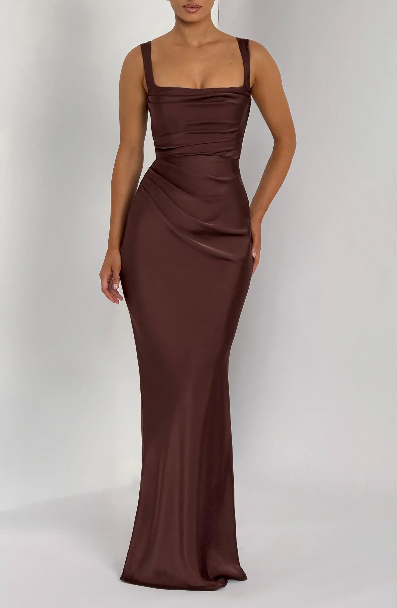 Wide Adjustable Strap Square Cowl Neck Side Ruched Chocolate Satin Mermaid Maxi Wedding Guest Dresses