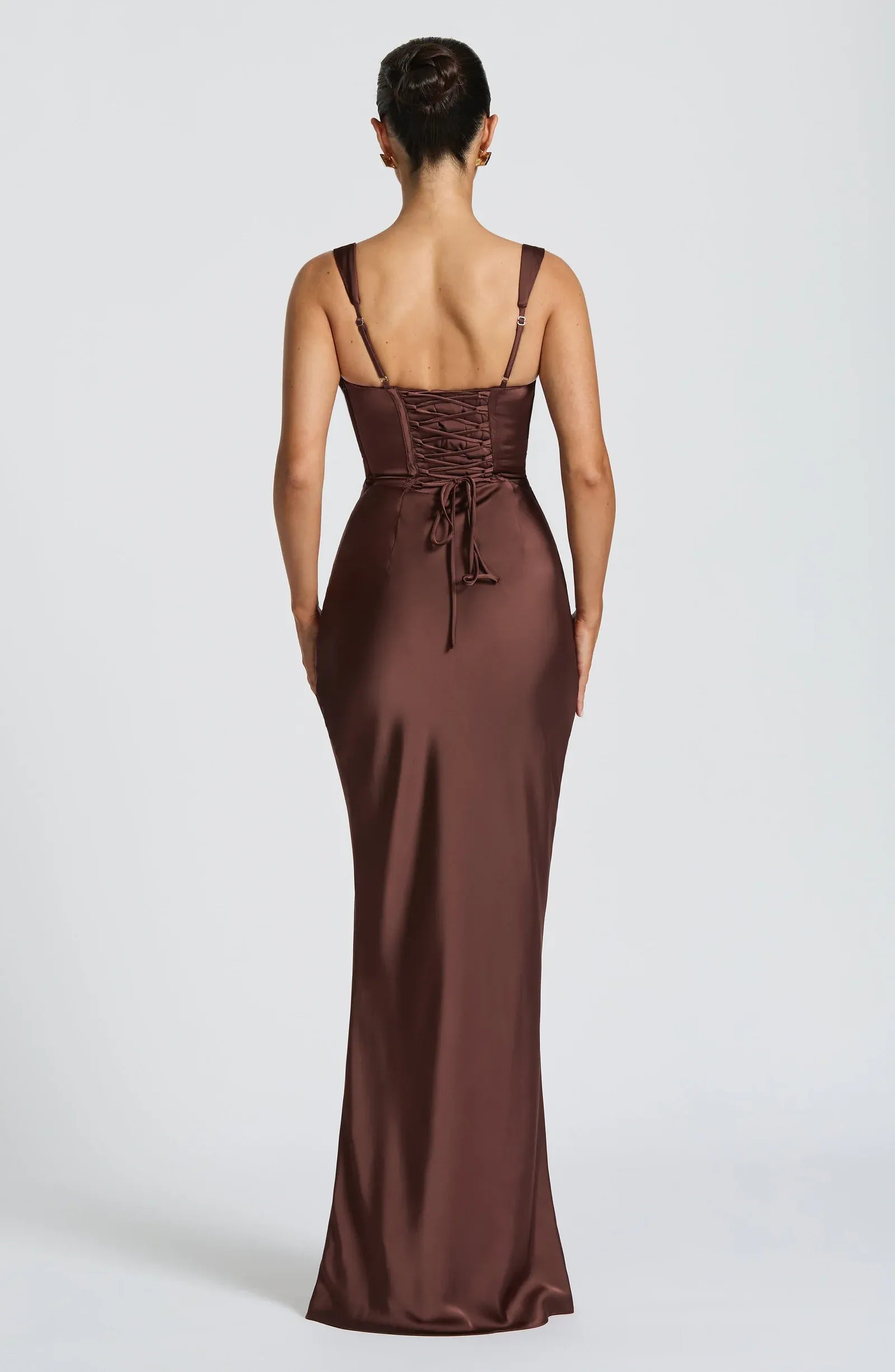 Wide Adjustable Strap Square Cowl Neck Side Ruched Chocolate Satin Mermaid Maxi Wedding Guest Dresses