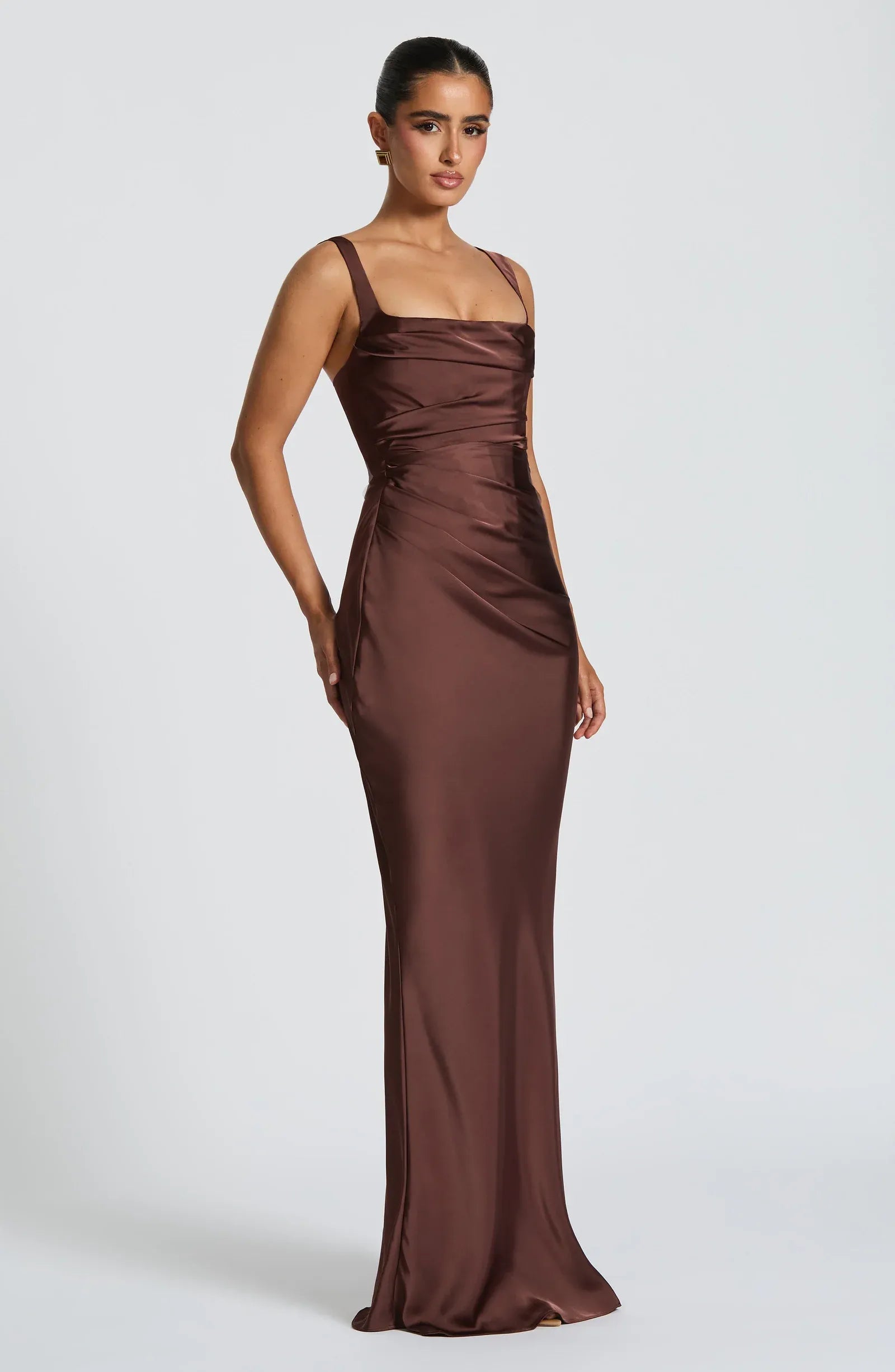Wide Adjustable Strap Square Cowl Neck Side Ruched Chocolate Satin Mermaid Maxi Wedding Guest Dresses