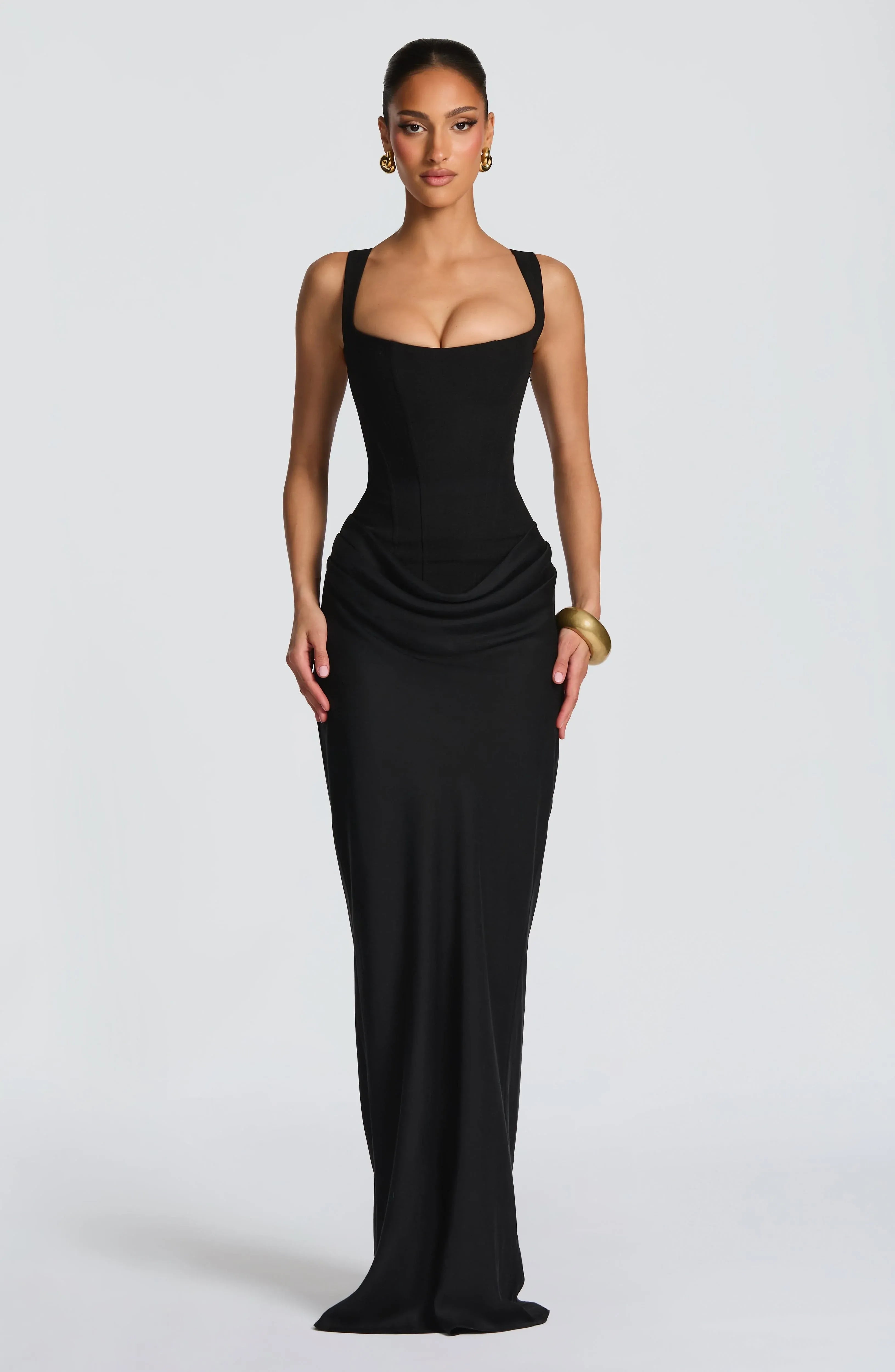 Wide Adjustable Strap Square Neck Corset Waist Draped Black Satin Mermaid Maxi Wedding Guest Dresses