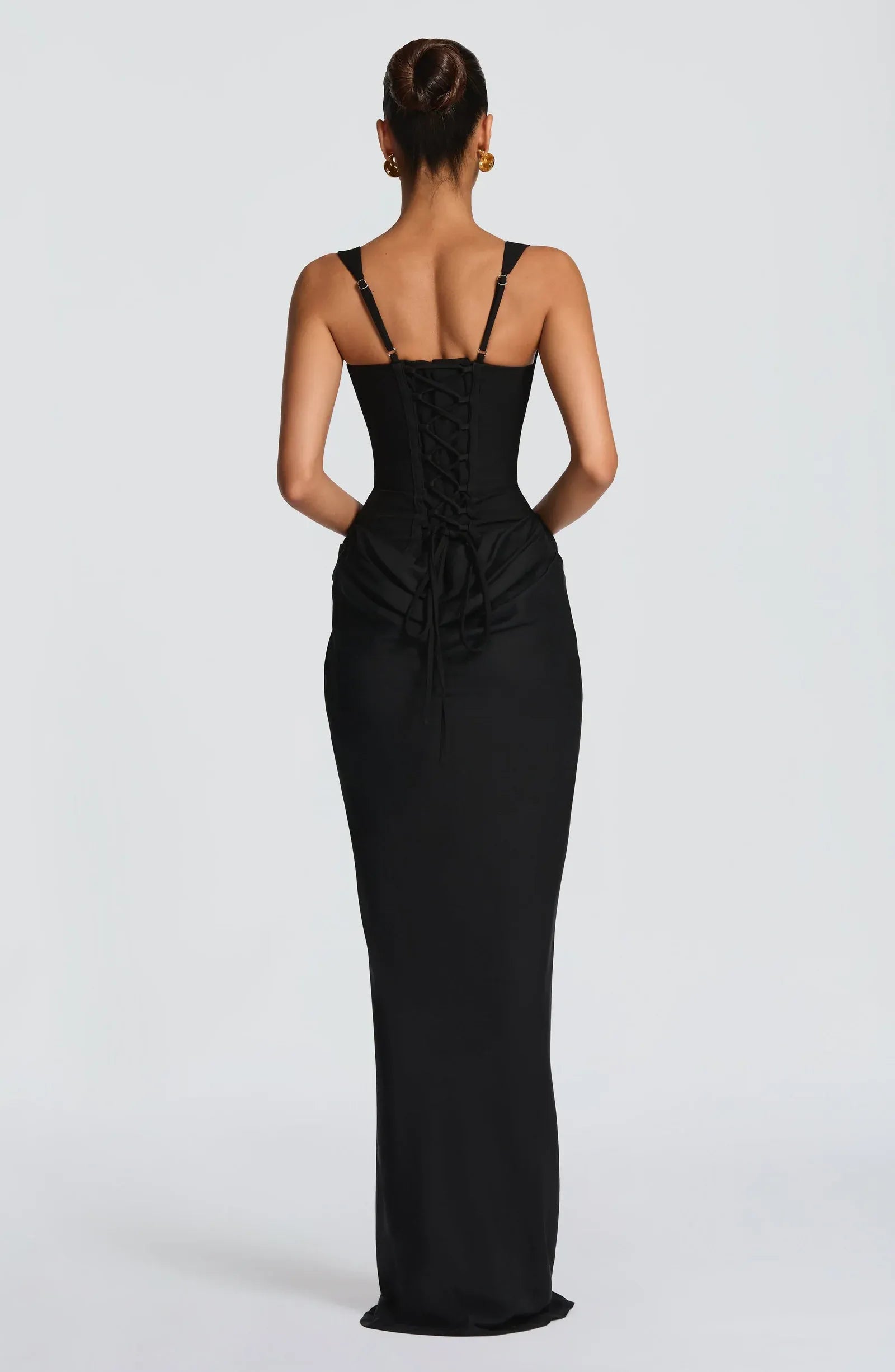 Wide Adjustable Strap Square Neck Corset Waist Draped Black Satin Mermaid Maxi Wedding Guest Dresses