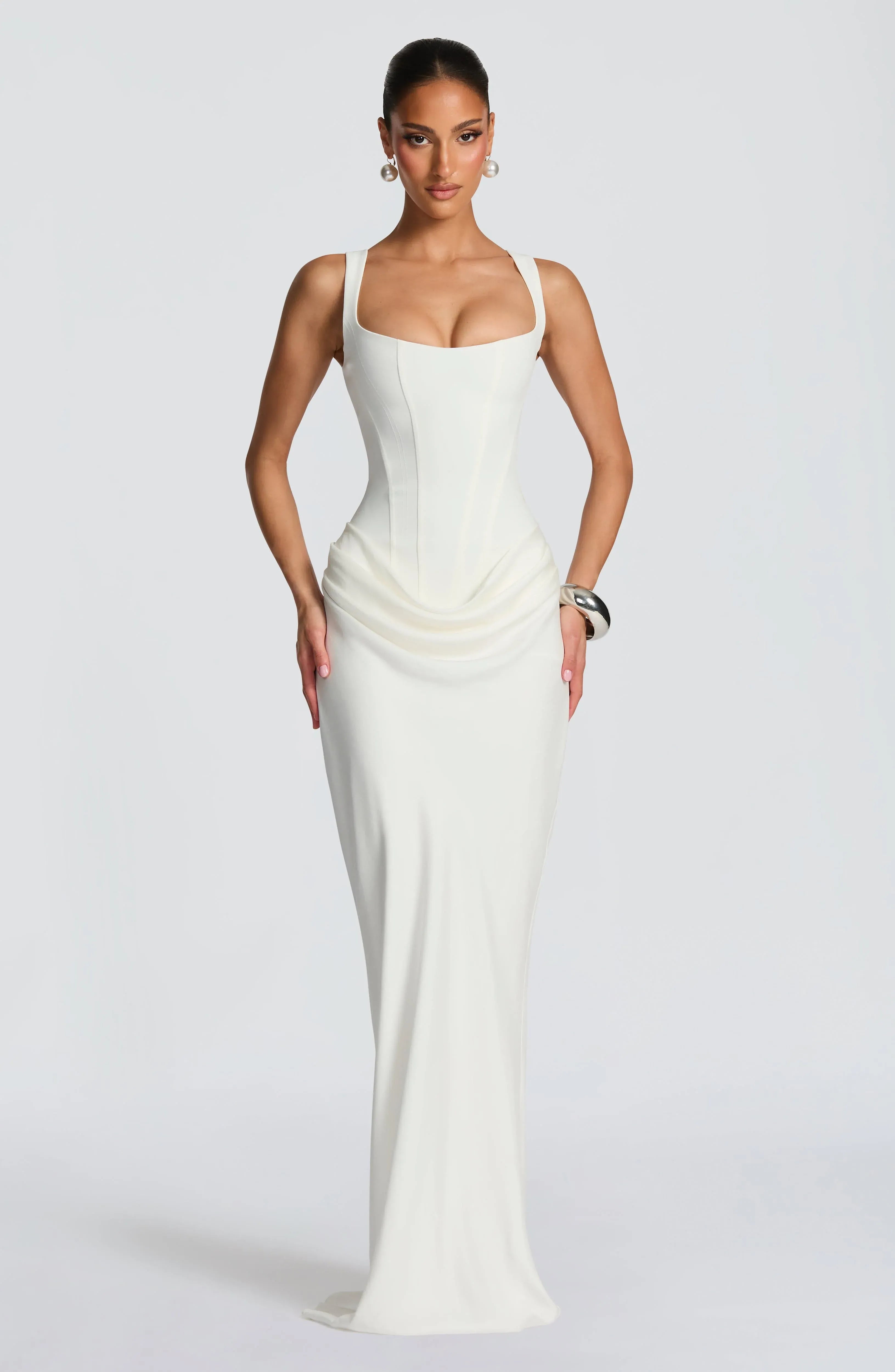 Wide Adjustable Strap Square Neck Draped Waist Mermaid White Crepe Maxi Wedding Guest Dresses