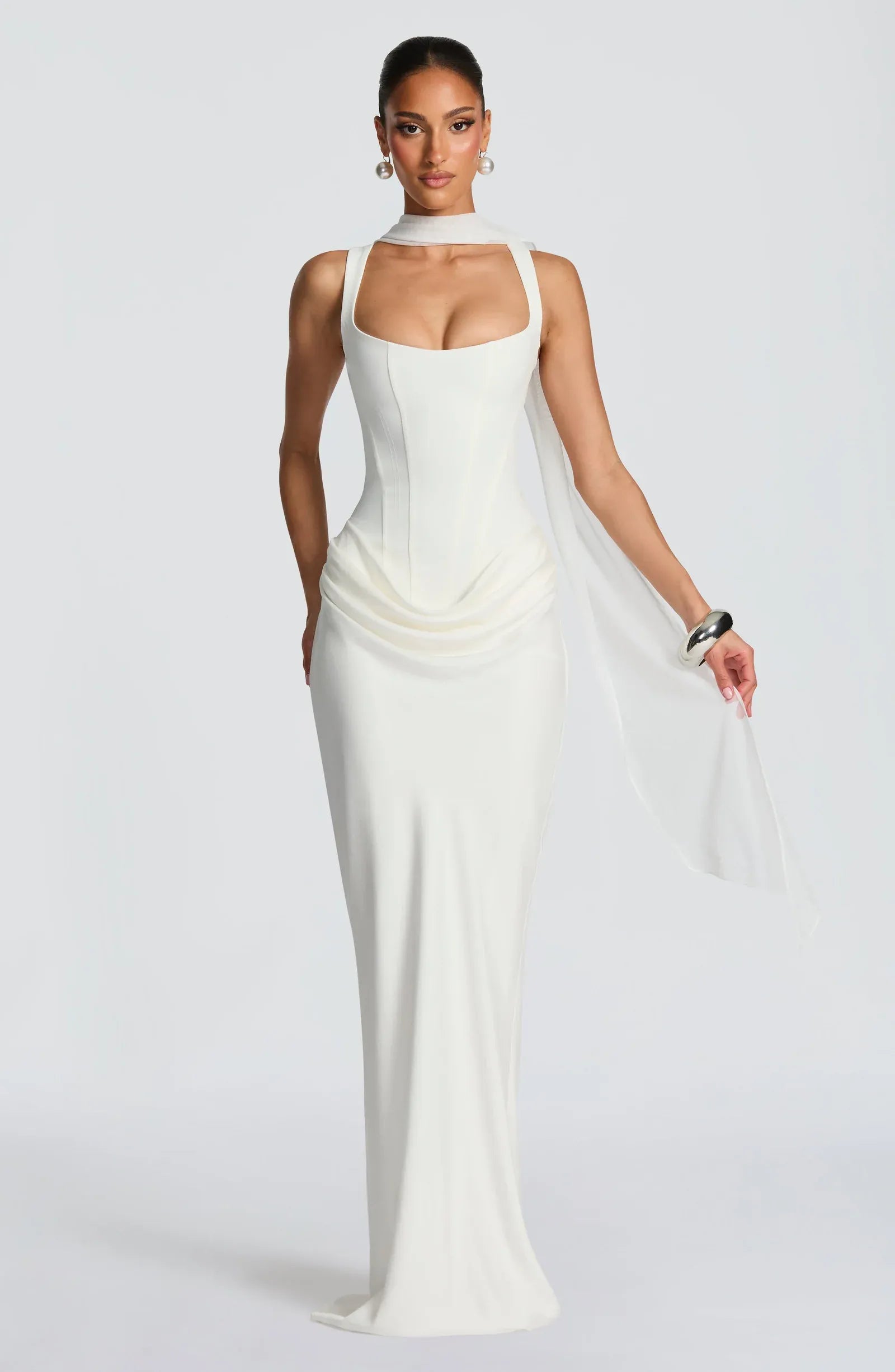 Wide Adjustable Strap Square Neck Draped Waist Mermaid White Crepe Maxi Wedding Guest Dresses