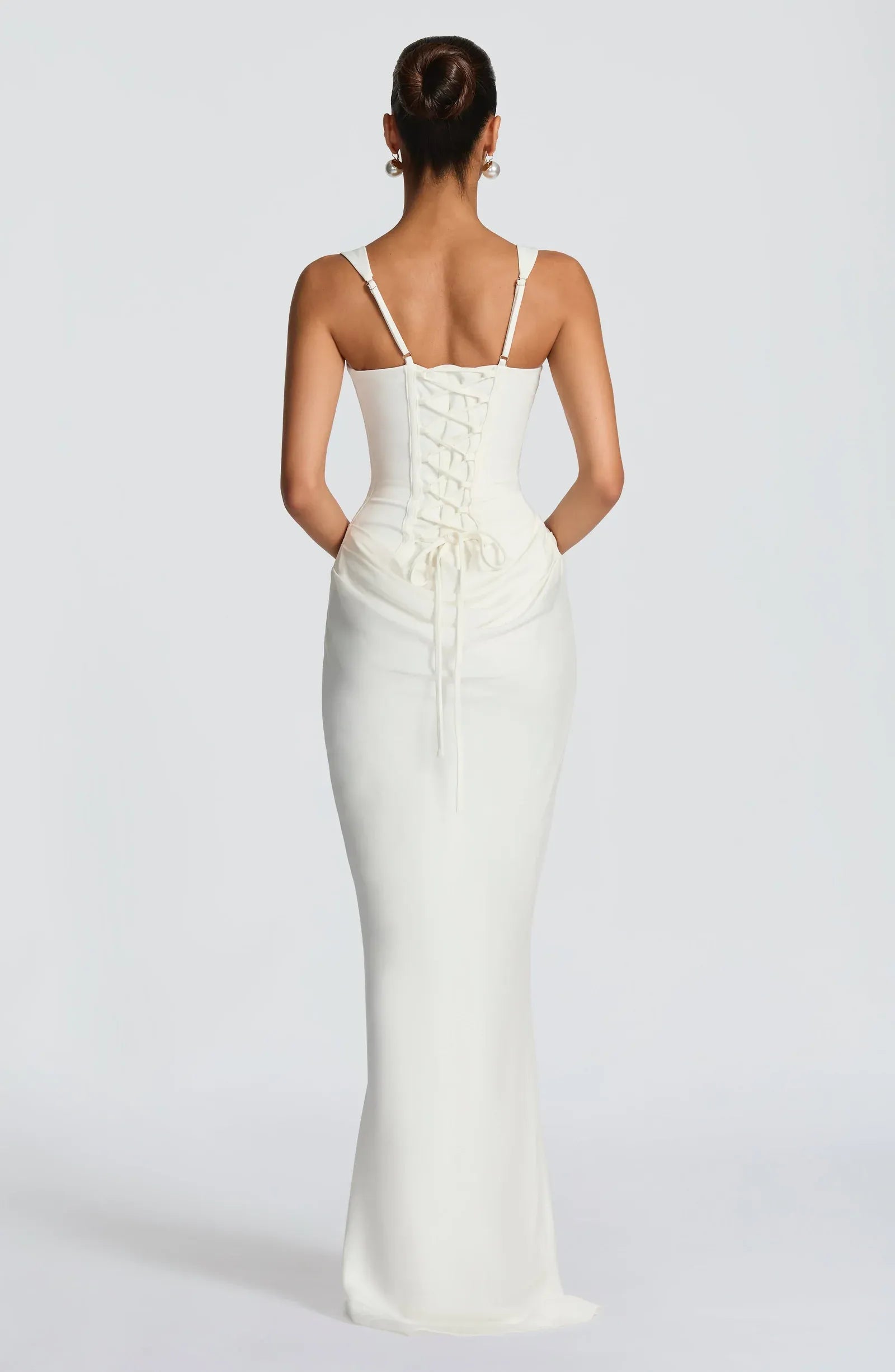 Wide Adjustable Strap Square Neck Draped Waist Mermaid White Crepe Maxi Wedding Guest Dresses