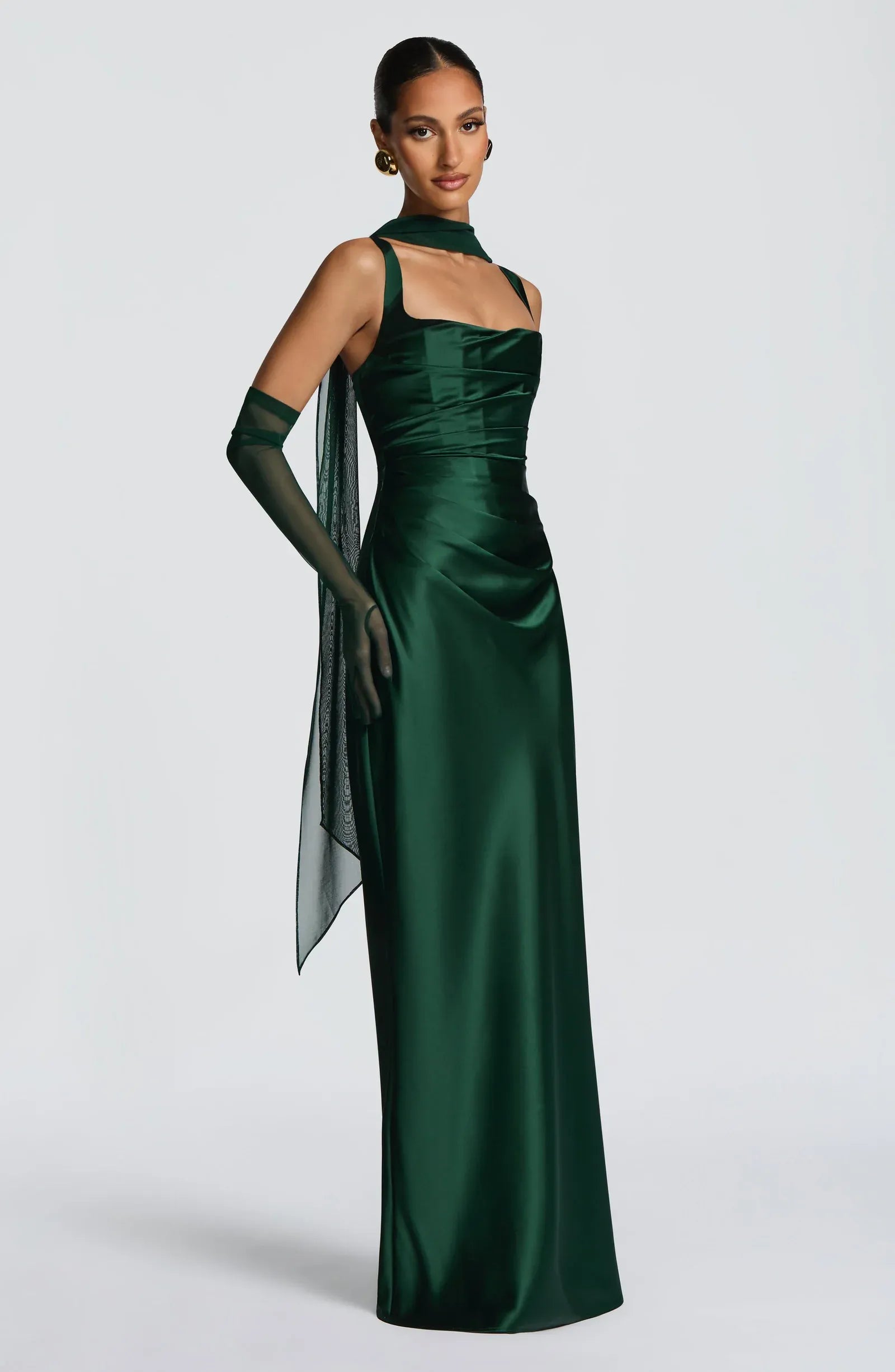 Wide Adjustable Strap Square Neck Ruched Waist Choker Sash Emerald Green Satin Mermaid Maxi Wedding Guest Dresses