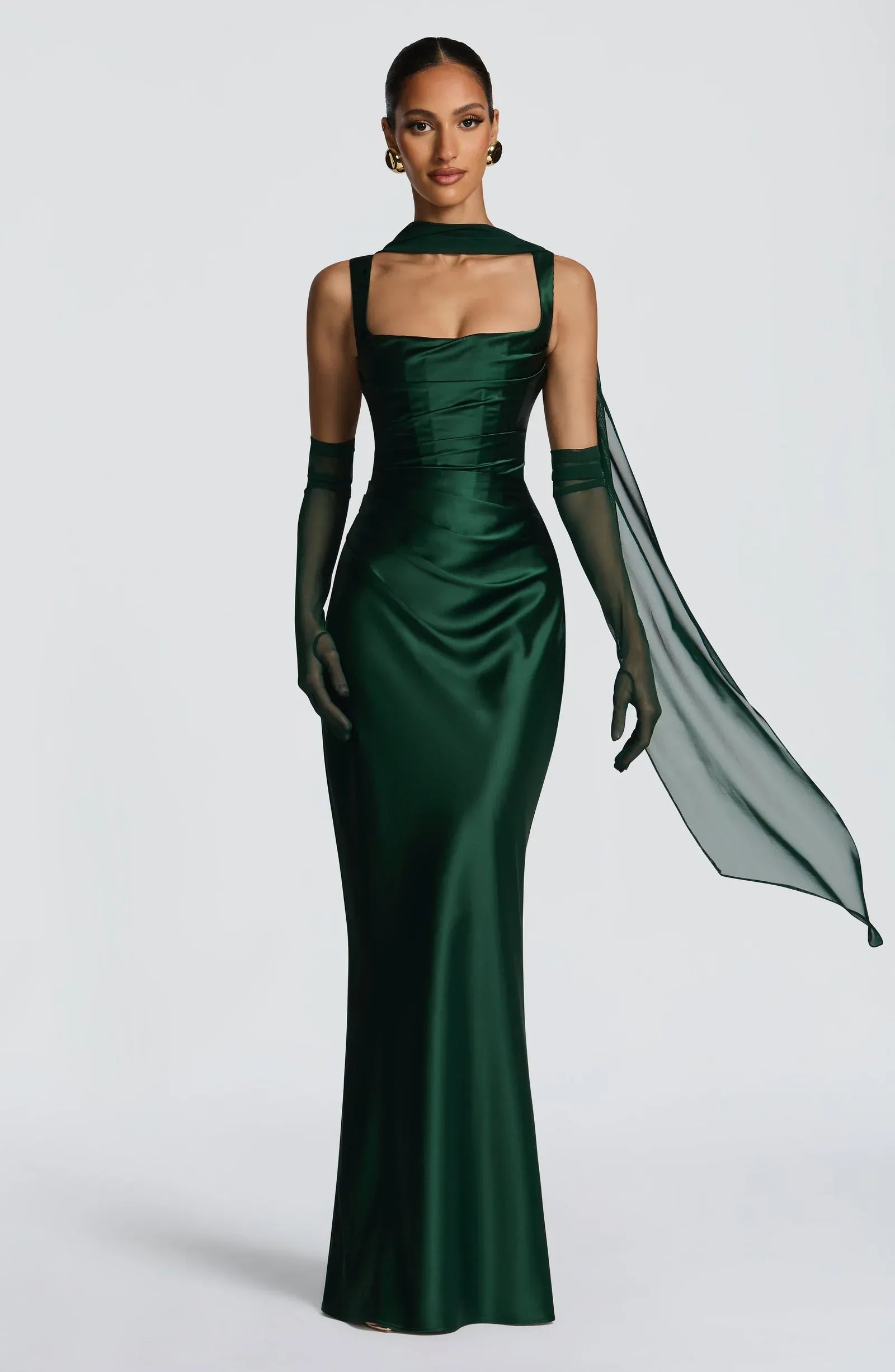 Wide Adjustable Strap Square Neck Ruched Waist Choker Sash Emerald Green Satin Mermaid Maxi Wedding Guest Dresses