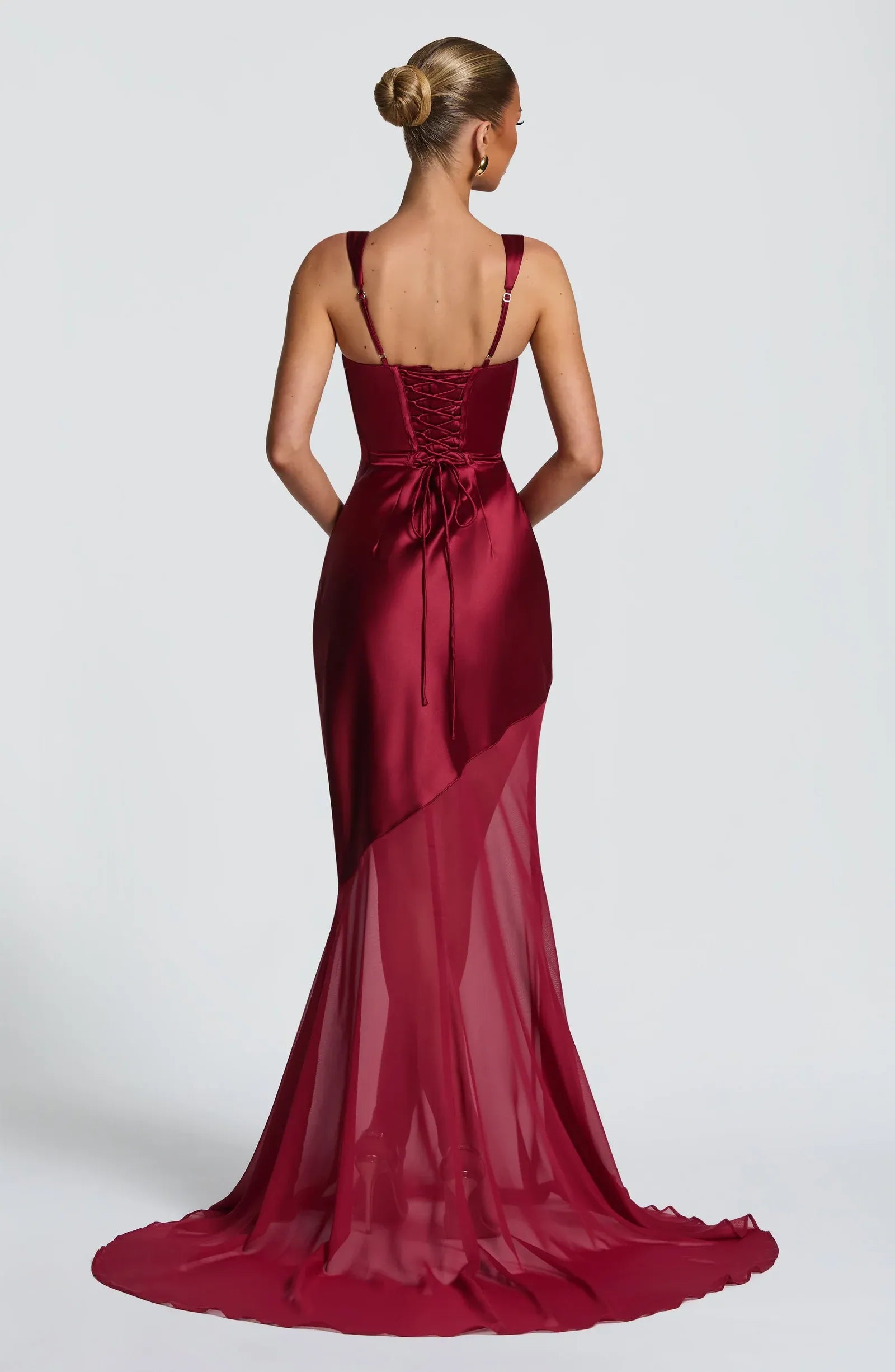 Wide Adjustable Strap Square Neck Ruched Waist Two Fabric Burgundy Sheer Chiffon Mermaid Train Maxi Wedding Guest Dresses
