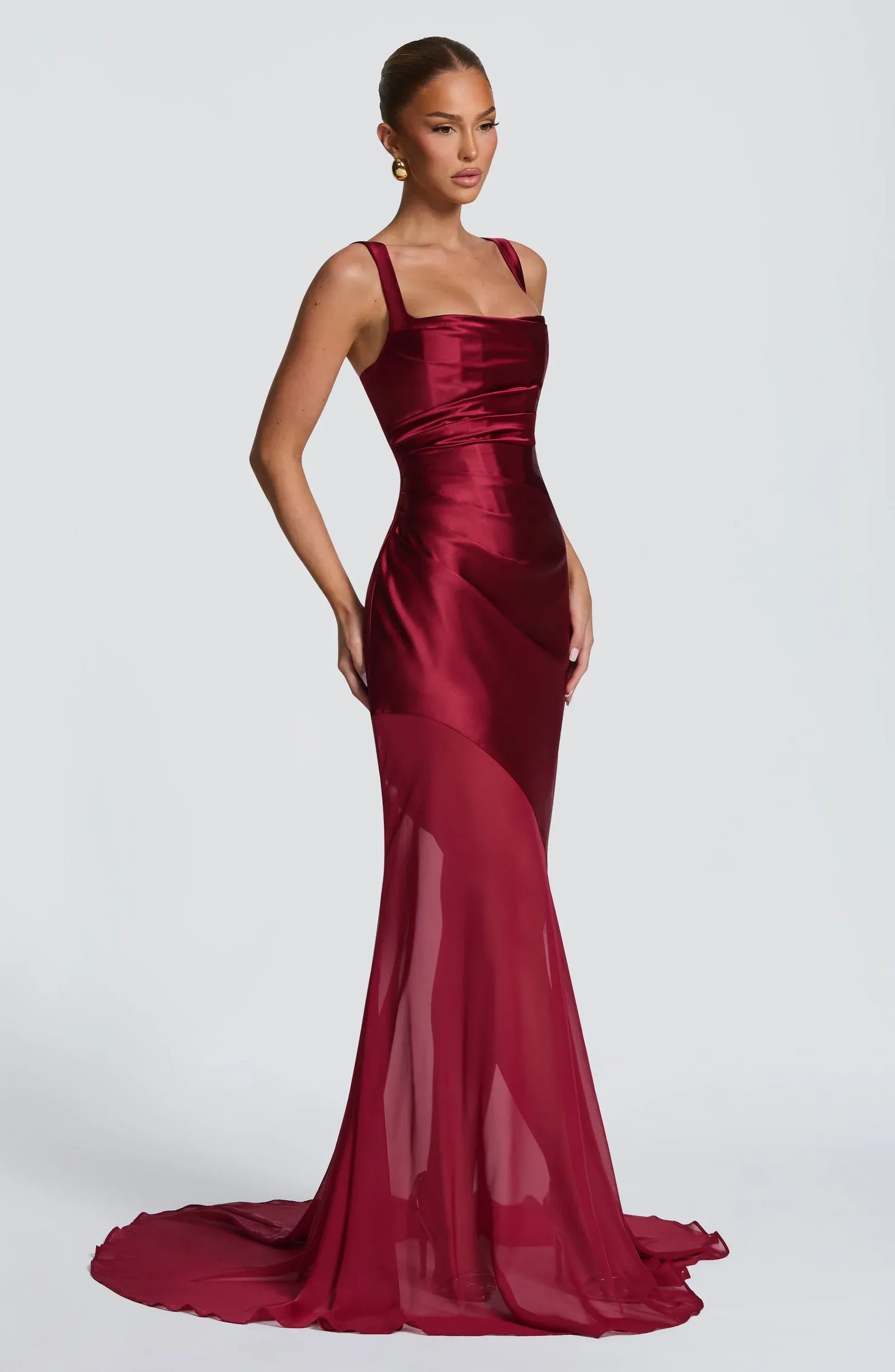Wide Adjustable Strap Square Neck Ruched Waist Two Fabric Burgundy Sheer Chiffon Mermaid Train Maxi Wedding Guest Dresses