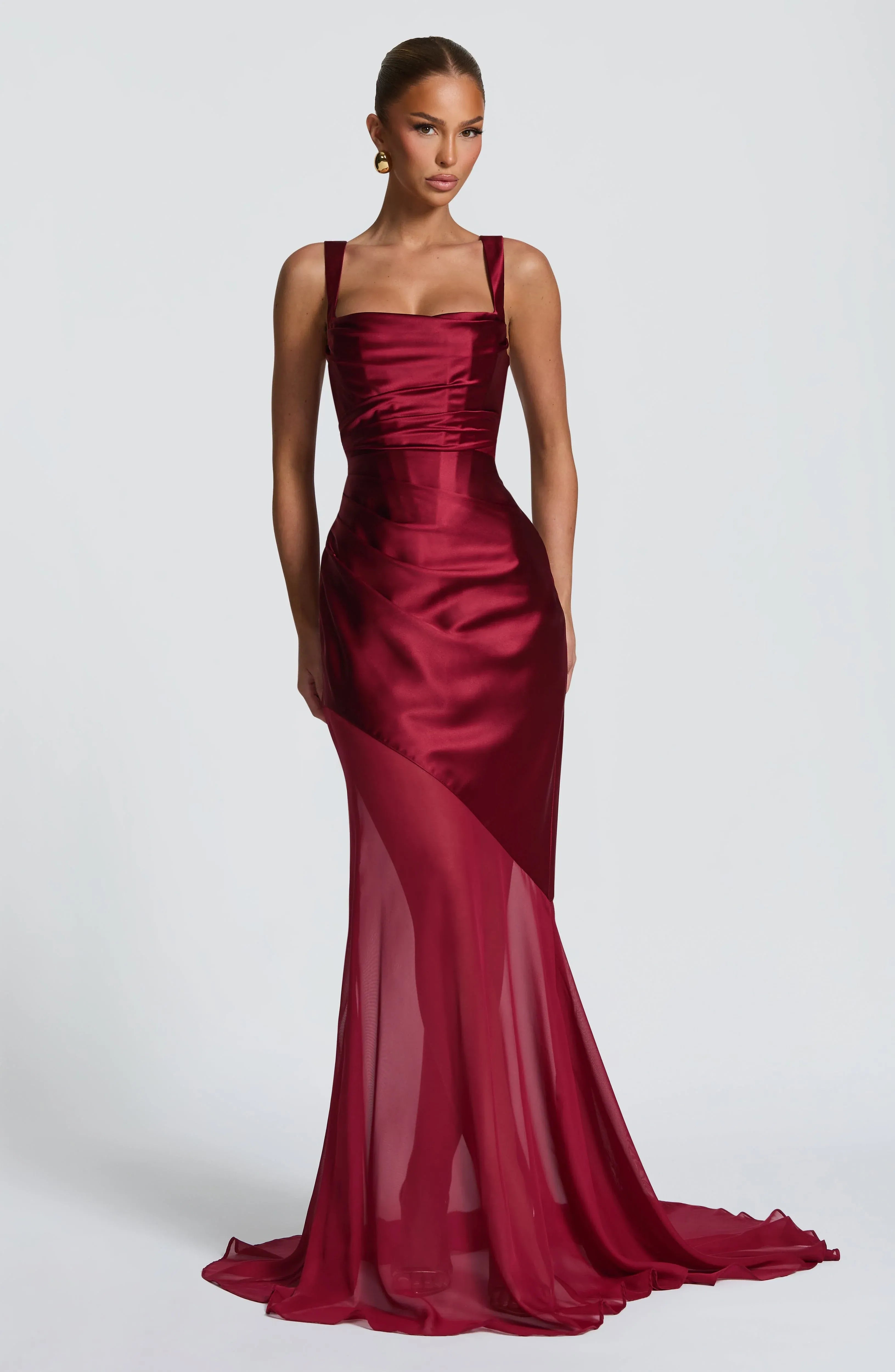 Wide Adjustable Strap Square Neck Ruched Waist Two Fabric Burgundy Sheer Chiffon Mermaid Train Maxi Wedding Guest Dresses
